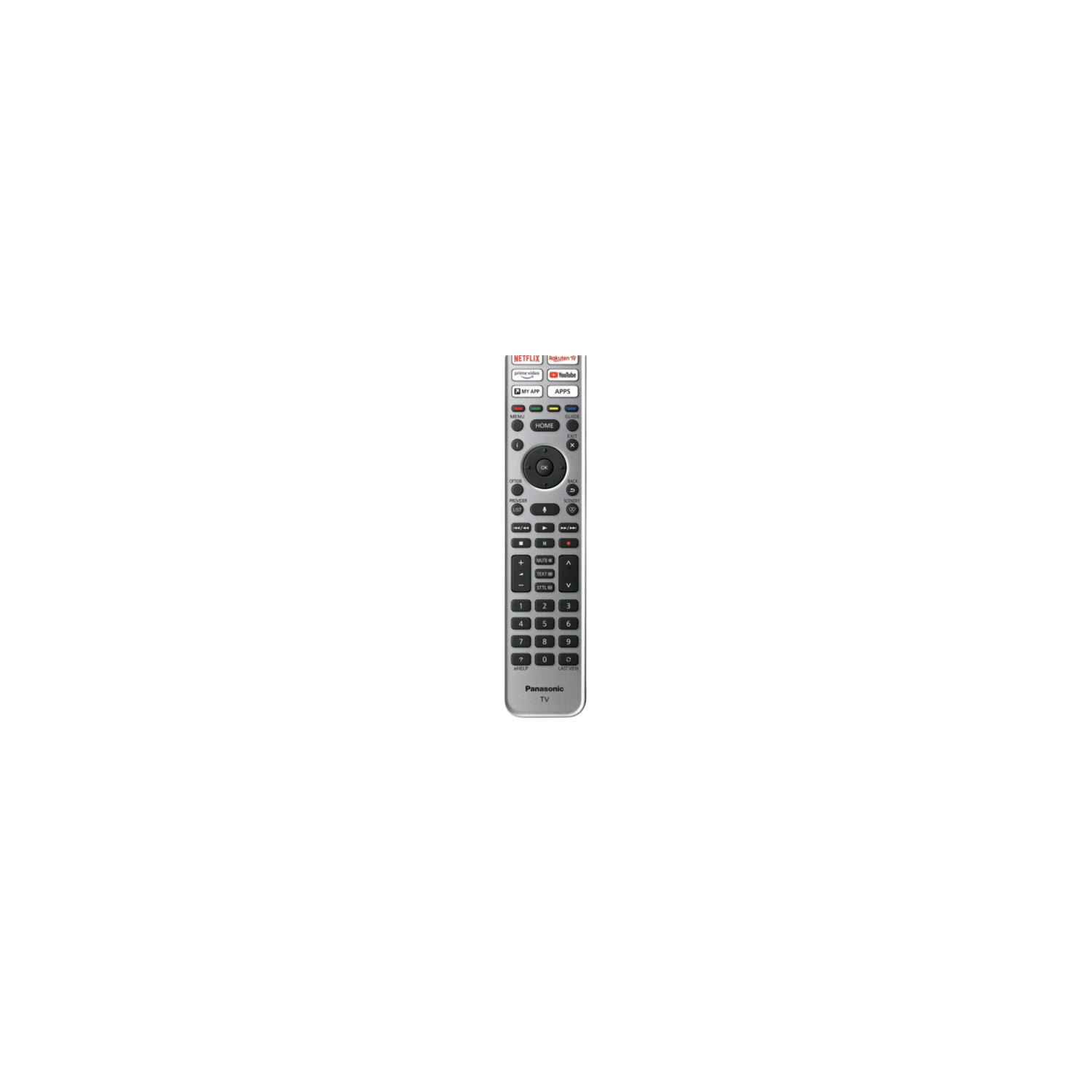 Mando a distancia de TV plateado con botones y logotipos de aplicaciones como Netflix y YouTube sobre fondo negro.