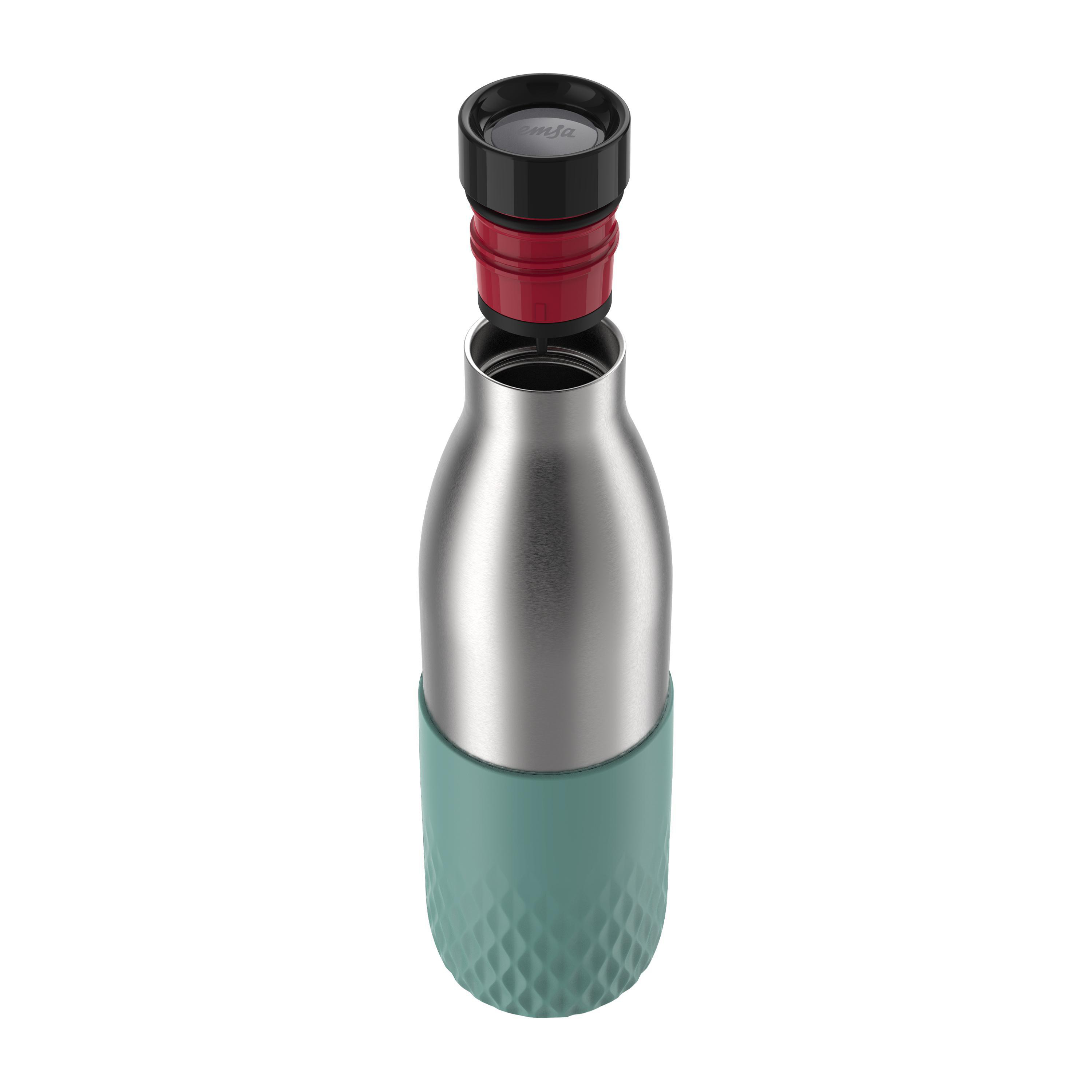 Silberne und türkisfarbene Wasserflasche zerlegt. Beinhaltet Flasche, Hülle und schwarzen/roten Deckel.