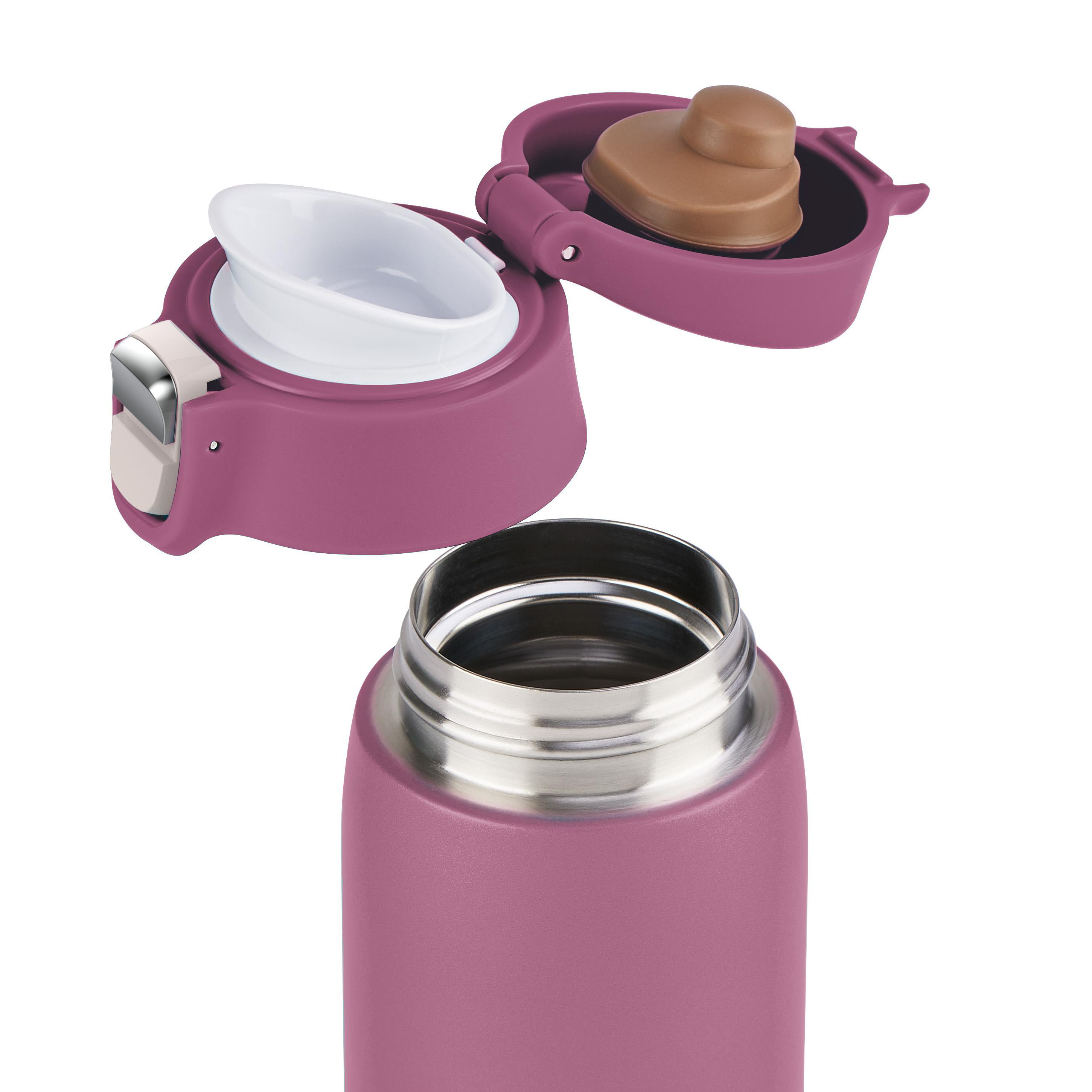 Nahaufnahme einer rosa Thermoskanne mit offenem Deckel.