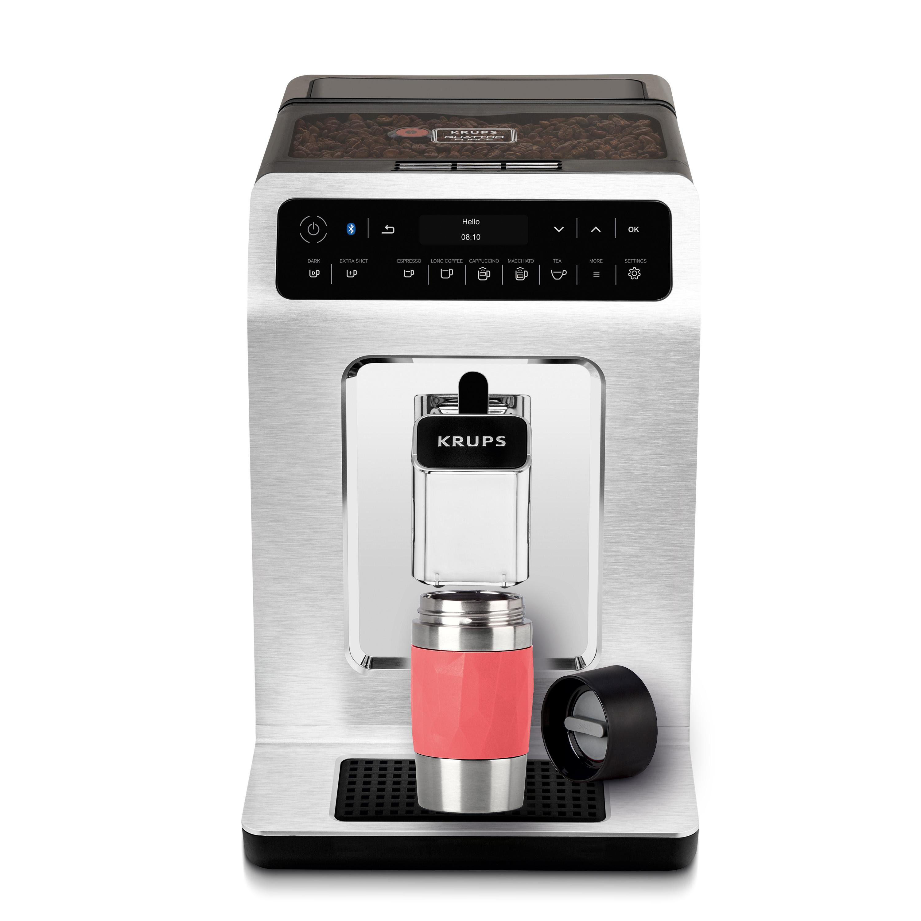 Silber-schwarze Krups Kaffeemaschine mit rotem Reisebecher, zeigt die Uhrzeit an.