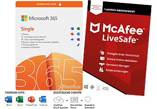 Microsoft 365 Single 1 Person + McAfee LiveSafe Attach für alle Geräte in einem Haushalt, 1 Jahr, Code in einer Box - [PC, iOS, Mac, Android] - [PC]