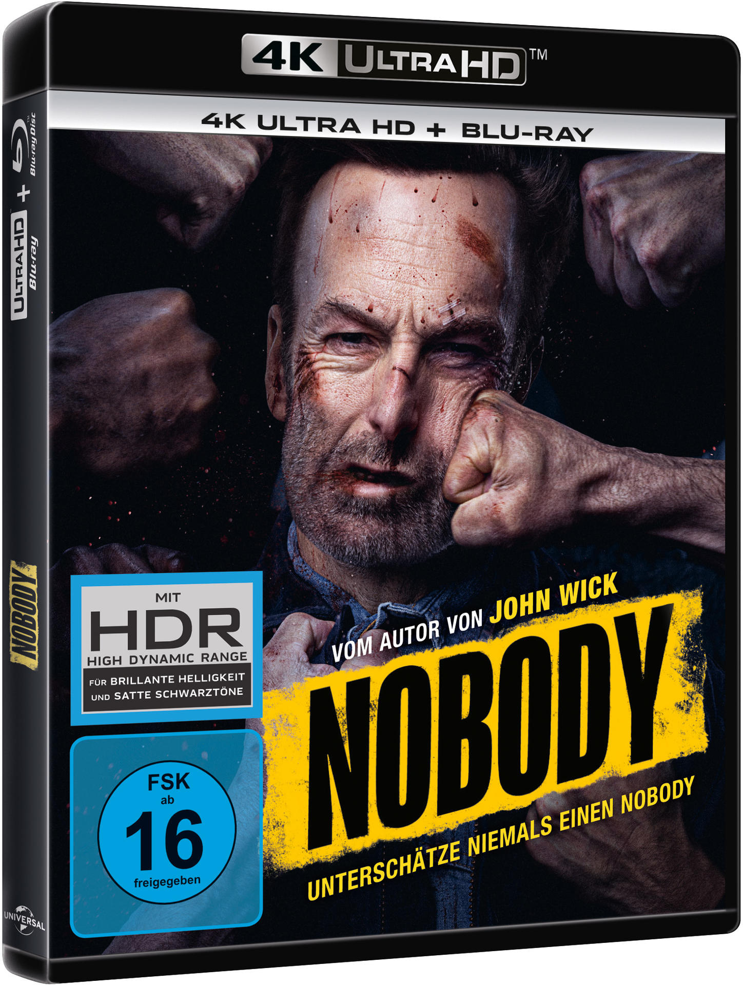 Filmcover für 'Nobody'. Zeigt einen Mann mit blutigem Gesicht und geballten Fäusten.