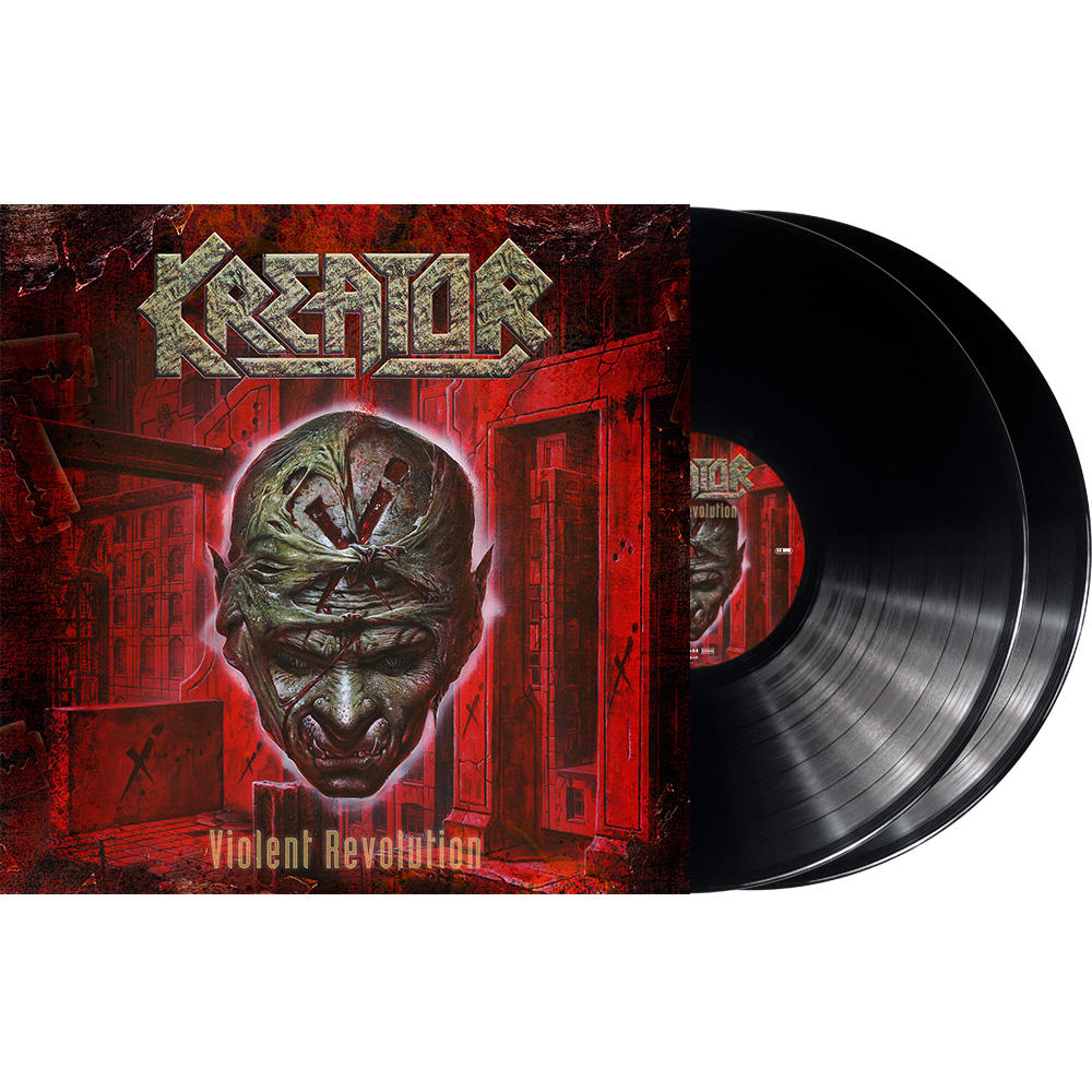 Vinyl-Schallplatten-Albumcover. Schwarze Schallplatten sichtbar. Roter Hintergrund mit Monster-Artwork.