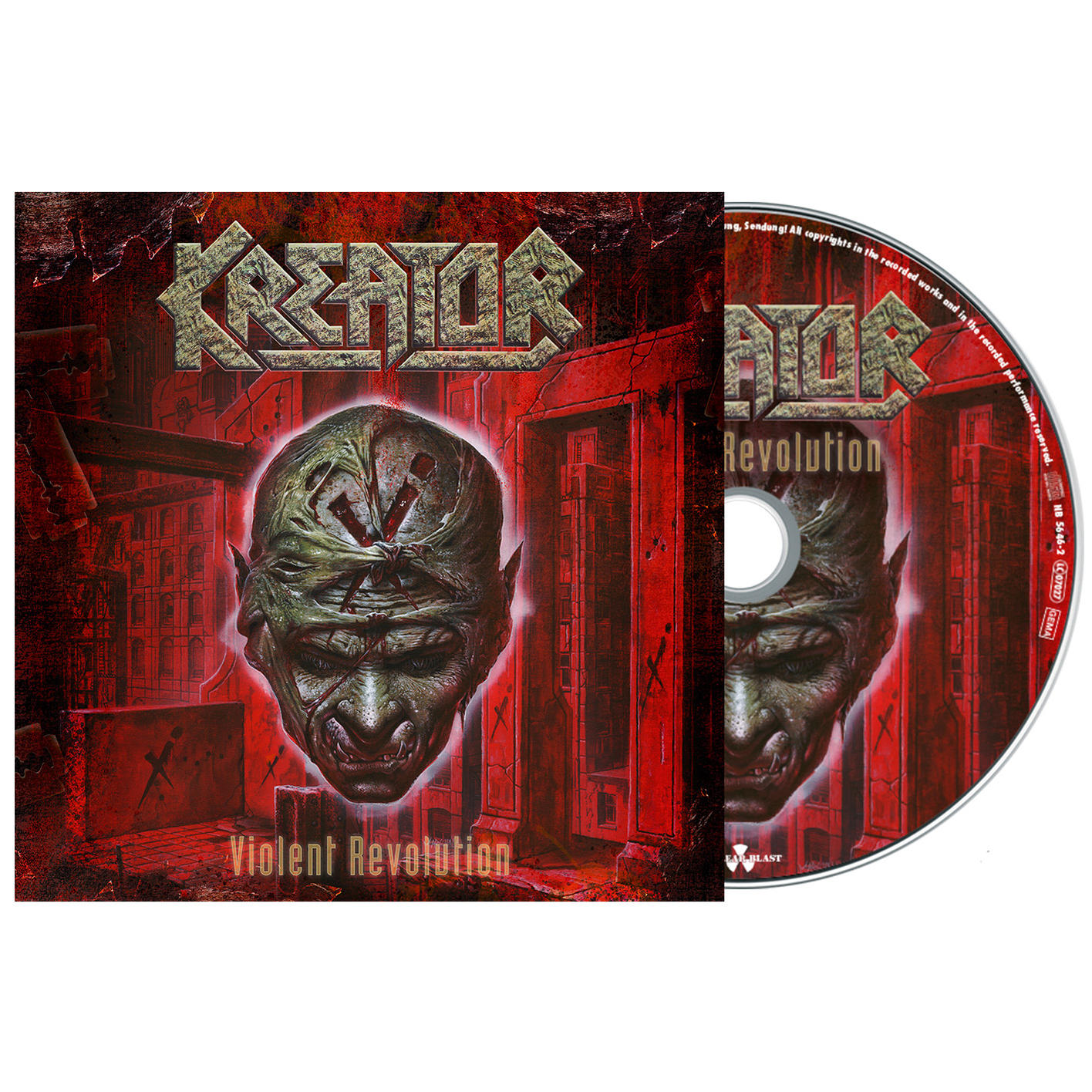 CD-Hülle für Kreators Album Violent Revolution. Enthält ein Monstergesicht und roten Hintergrund.