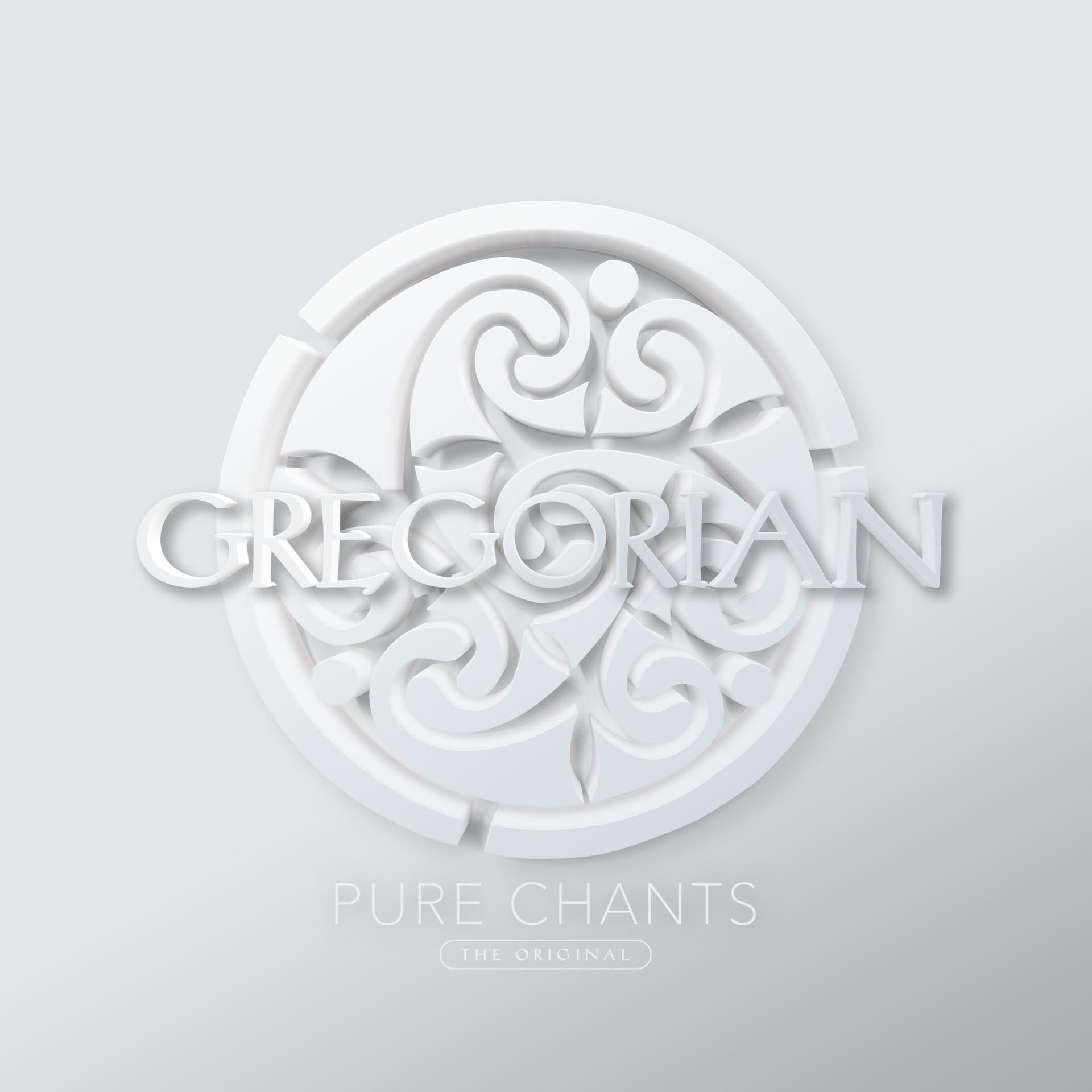 Weißes Logo mit dem Text 'GREGORIAN' über einem dekorativen Design und 'PURE CHANTS' darunter auf grauem Hintergrund.