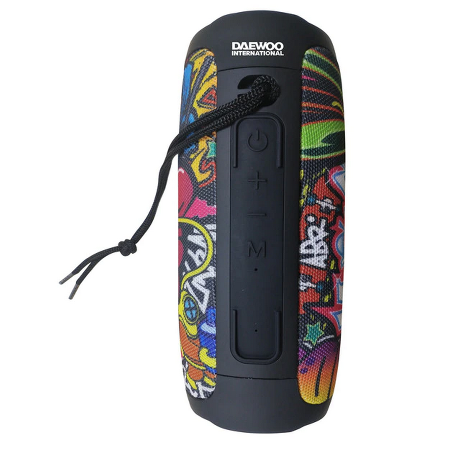 Un altavoz negro Daewoo International con diseño de arte graffiti y un cordón negro.