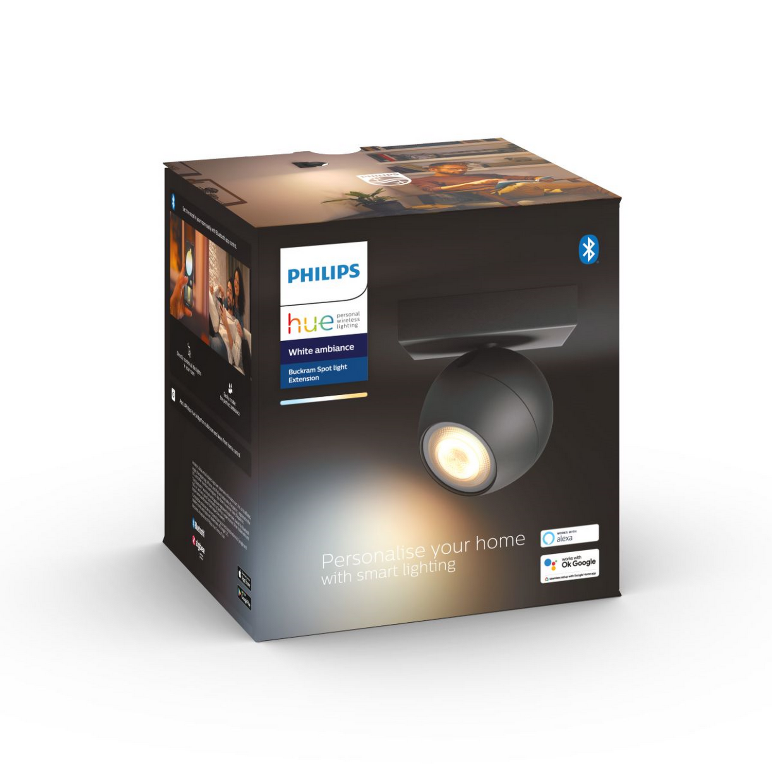 Lámpara portátil Bluetooth - Philips Hue Buckram 1, LED, Luz blanca cálida a fría, Alexa y Google Home, Negro