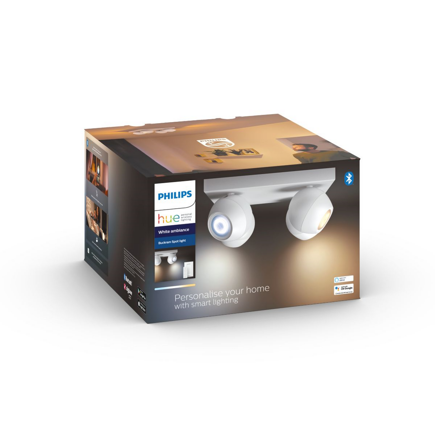 Lámpara portátil Bluetooth - Philips Hue Buckram 4, LED, Luz blanca cálida a fría, Alexa y Google Home, Blanco