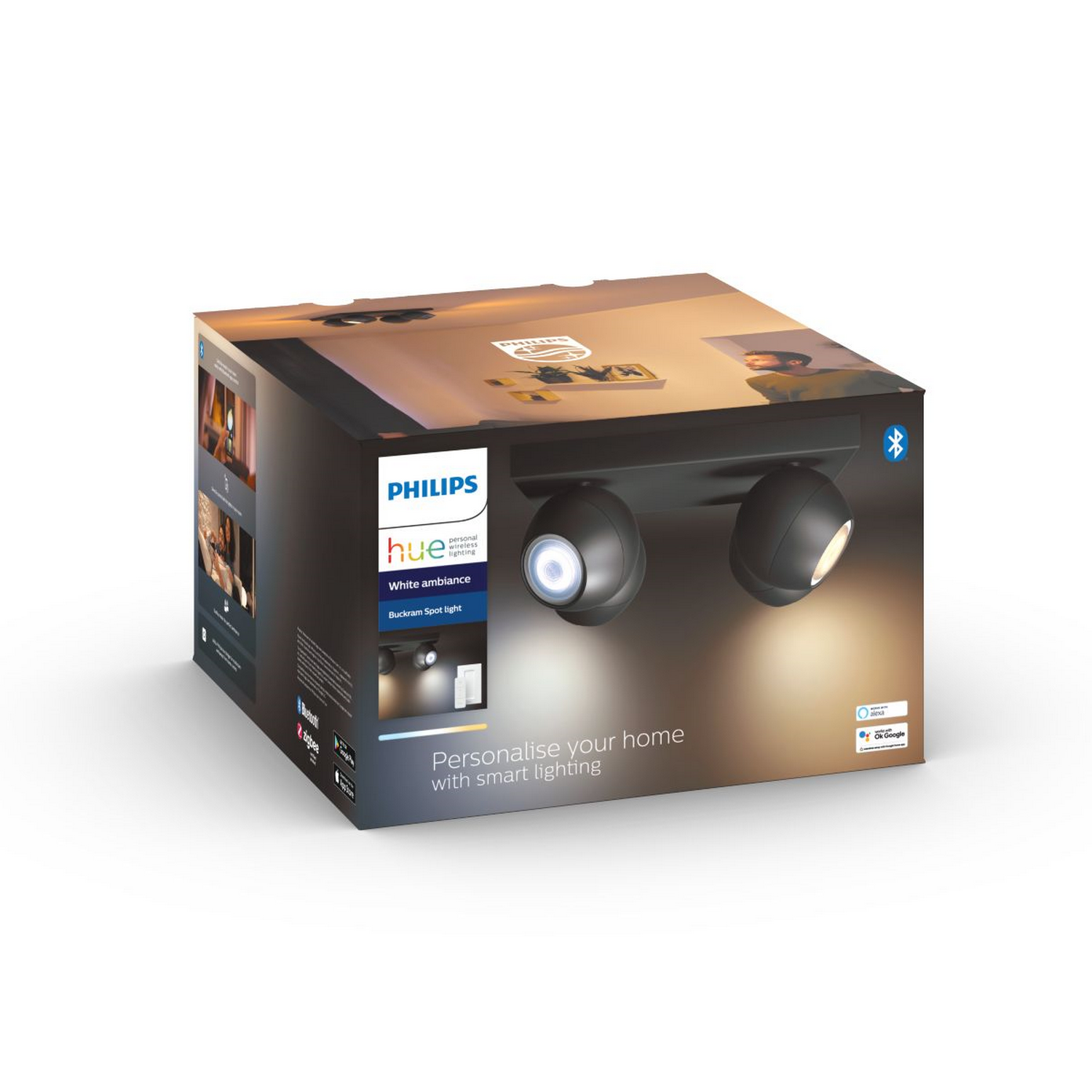 Lámpara portátil Bluetooth - Philips Hue Buckram 4, LED, Luz blanca cálida a fría, Alexa y Google Home, Negro