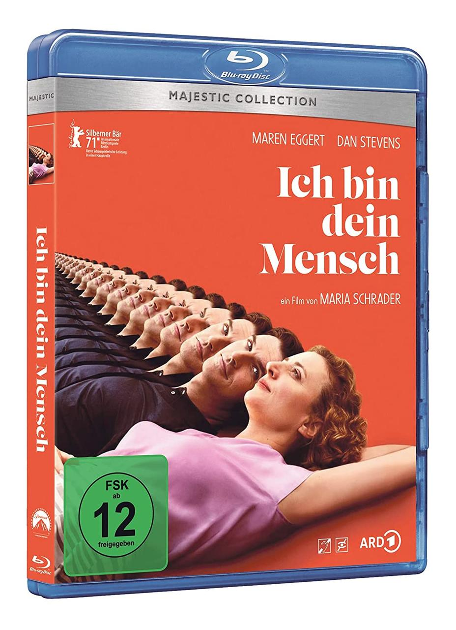 Blu-ray-Cover für 'Ich bin dein Mensch' mit einer Frau und mehreren Gesichtern, deutscher Text.