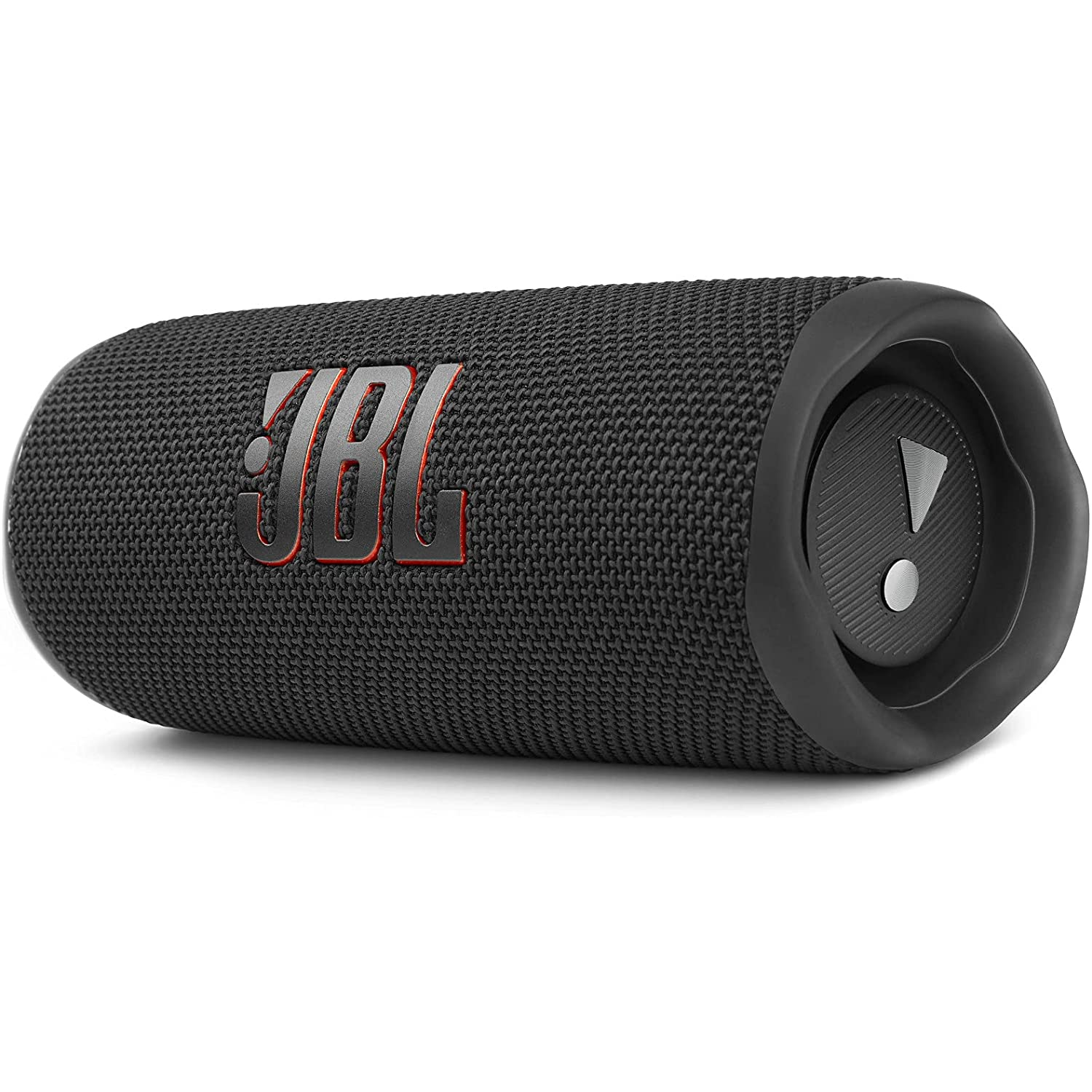 Altavoz JBL negro con texto JBL naranja, sobre fondo blanco. Tiene un botón.