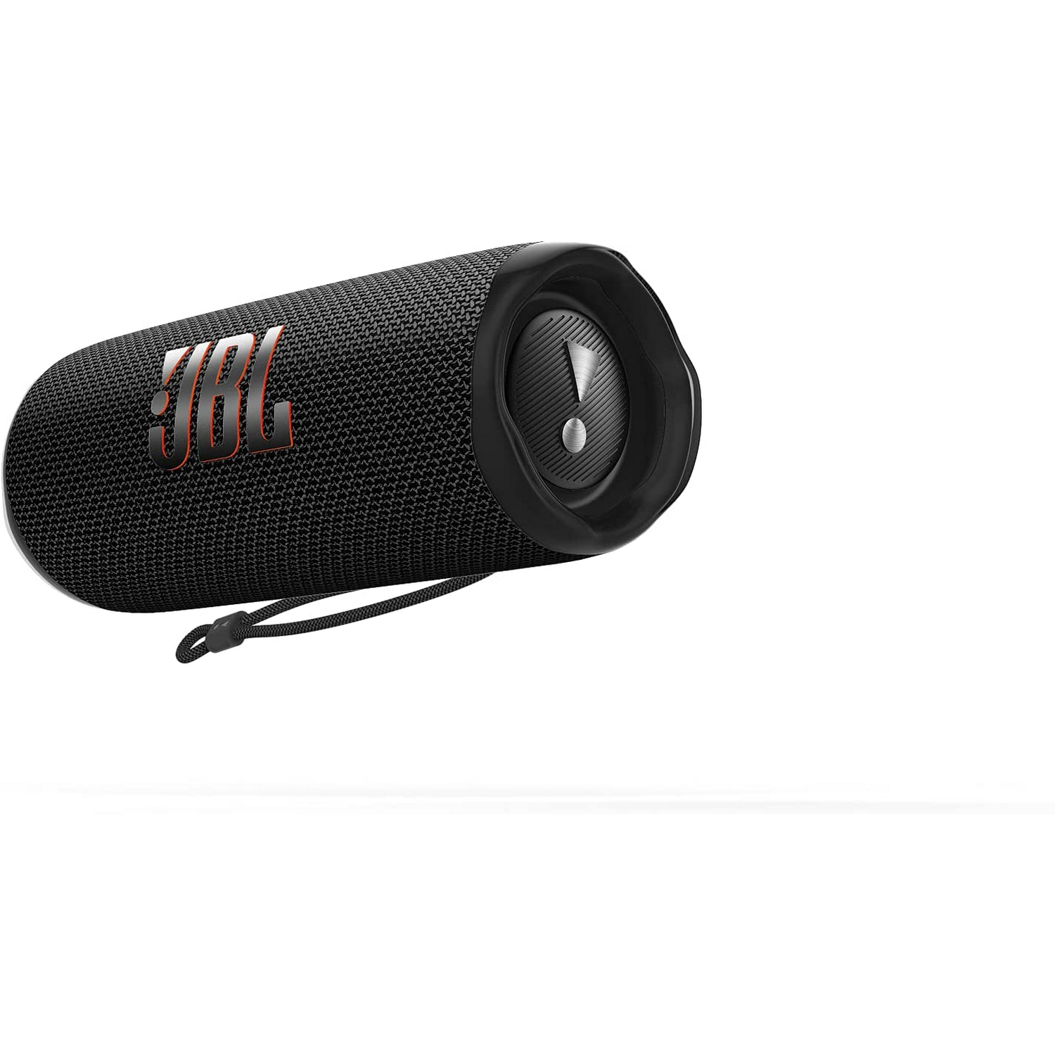 Altavoz JBL negro. Tiene el logo JBL naranja y una correa negra. Fondo blanco.