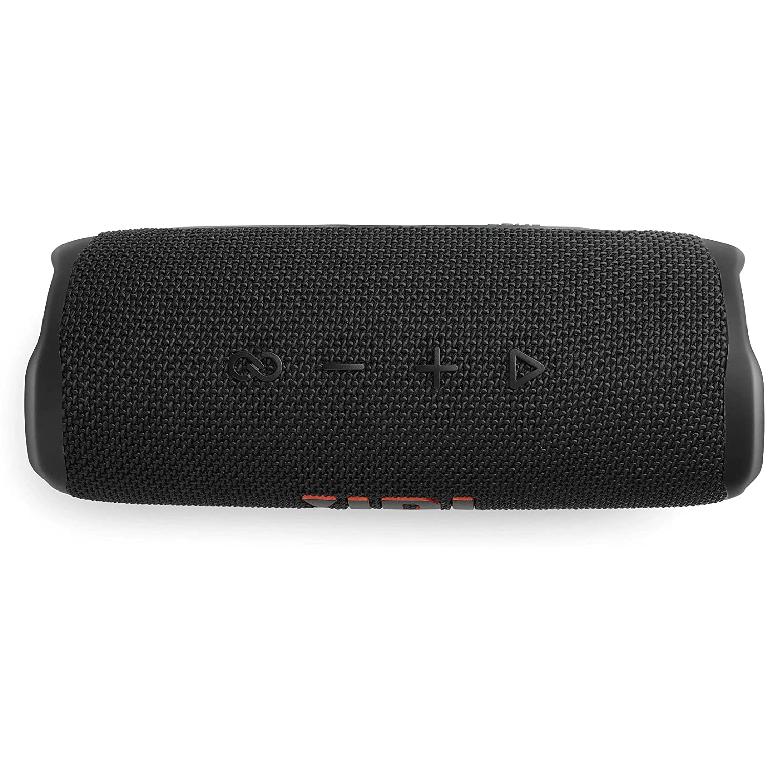 Altavoz portátil negro con botones de volumen y reproducción/pausa. Textura de malla. Fondo blanco.