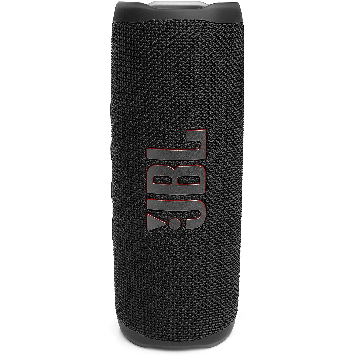 Un altavoz JBL negro con el logotipo JBL rojo. El altavoz es cilíndrico. Fondo blanco.