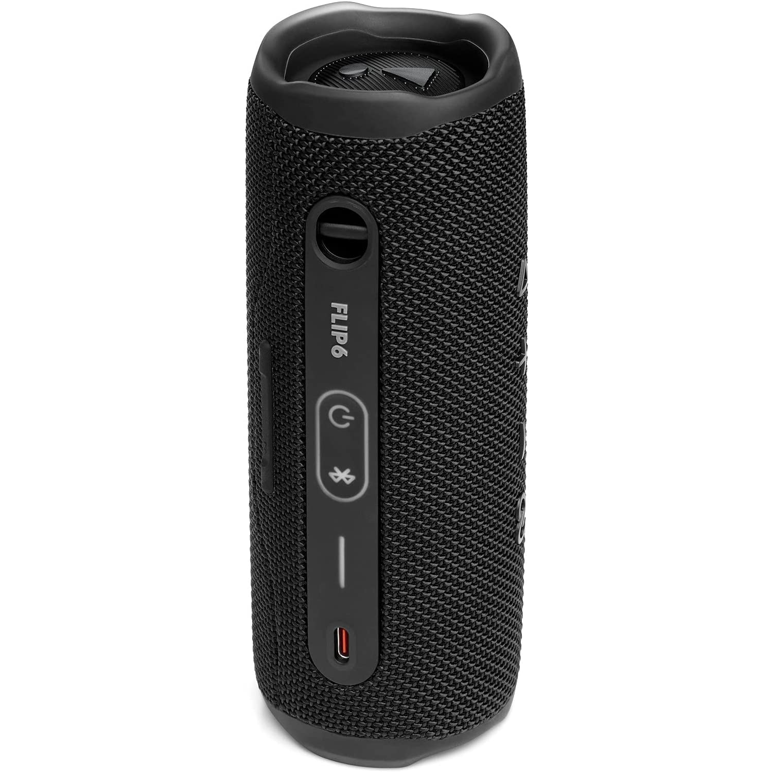 Altavoz JBL Flip 6 negro. Botones de encendido, Bluetooth y volumen visibles. Puerto USB-C.