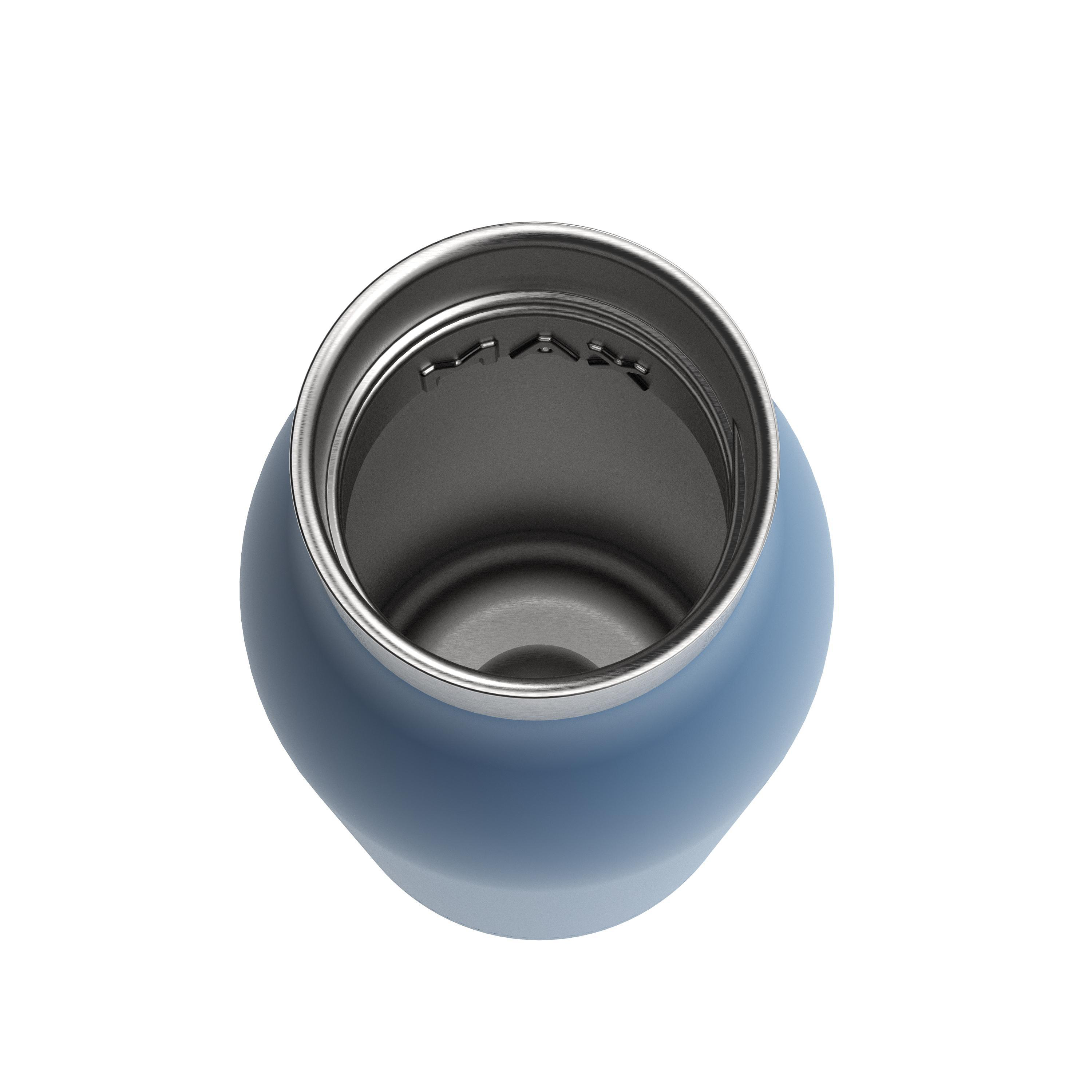 Draufsicht auf eine blaue Hydro Flask Wasserflasche, Edelstahl-Innenraum.
