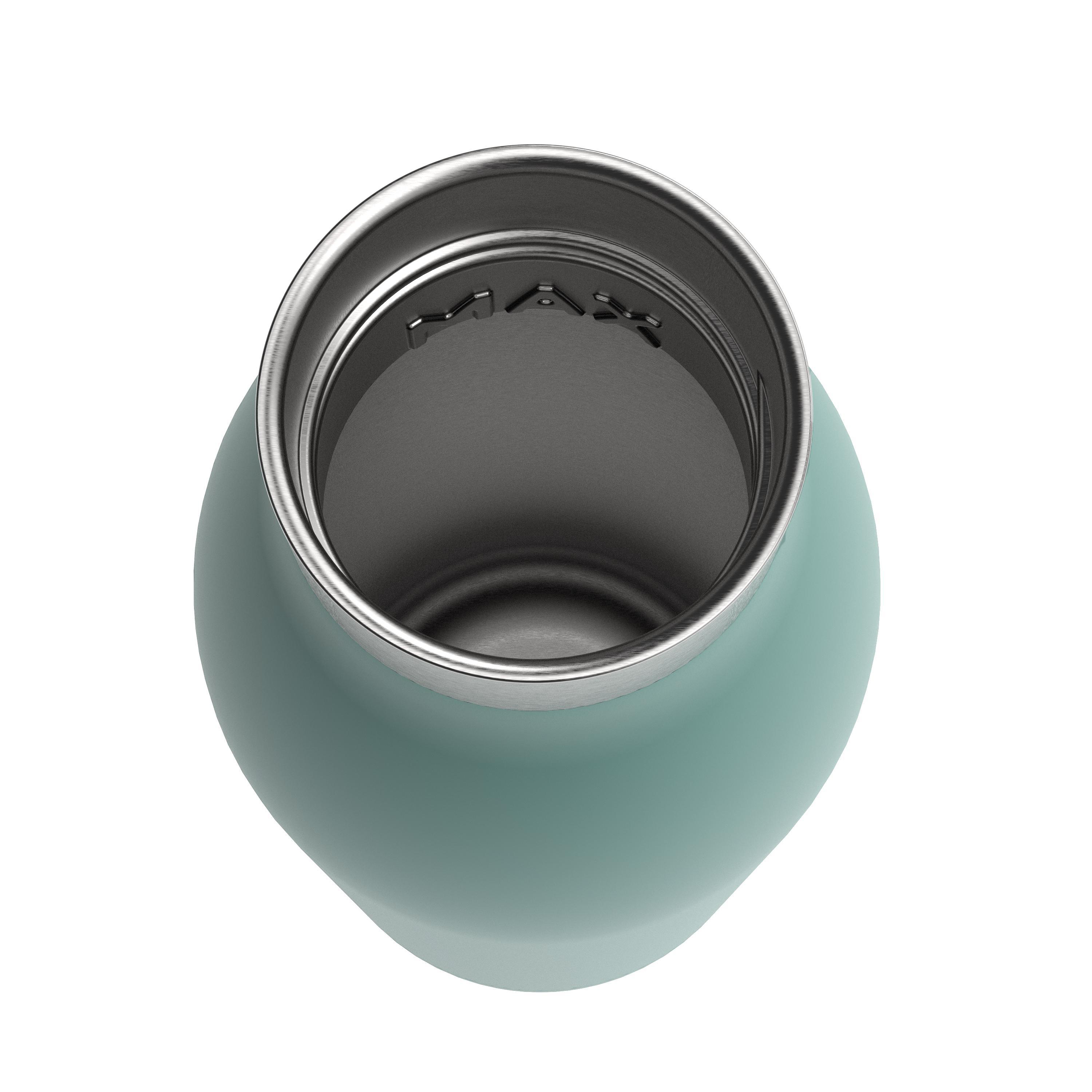 Draufsicht auf eine türkisgrüne Wasserflasche, Edelstahl-Innenraum.