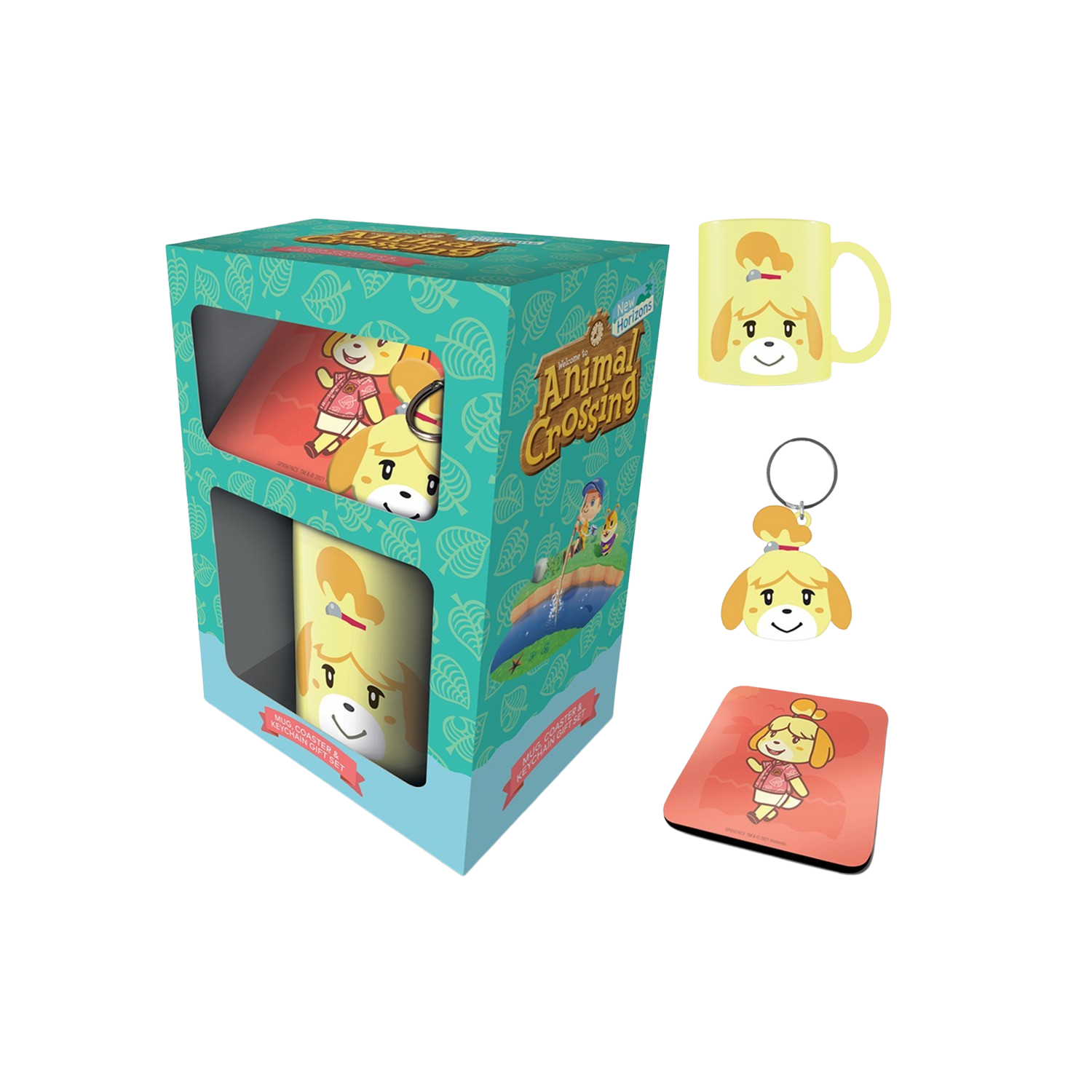 Caja regalo - Sherwood Animal Crossing (Isabelle), Taza de cerámica + Llavero de goma + Posavasos, Multicolor