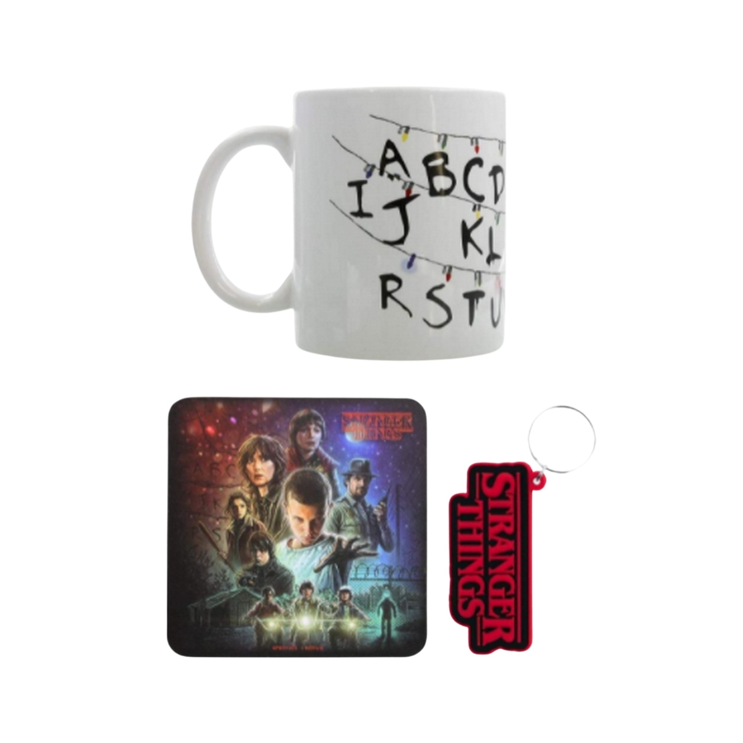 Taza blanca con luces y letras. Posavasos y llavero con imágenes de Stranger Things.