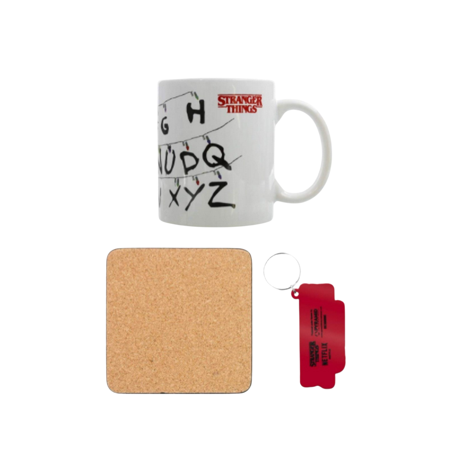 Taza con logo de Stranger Things, posavasos y llavero rojo. Fondo negro.