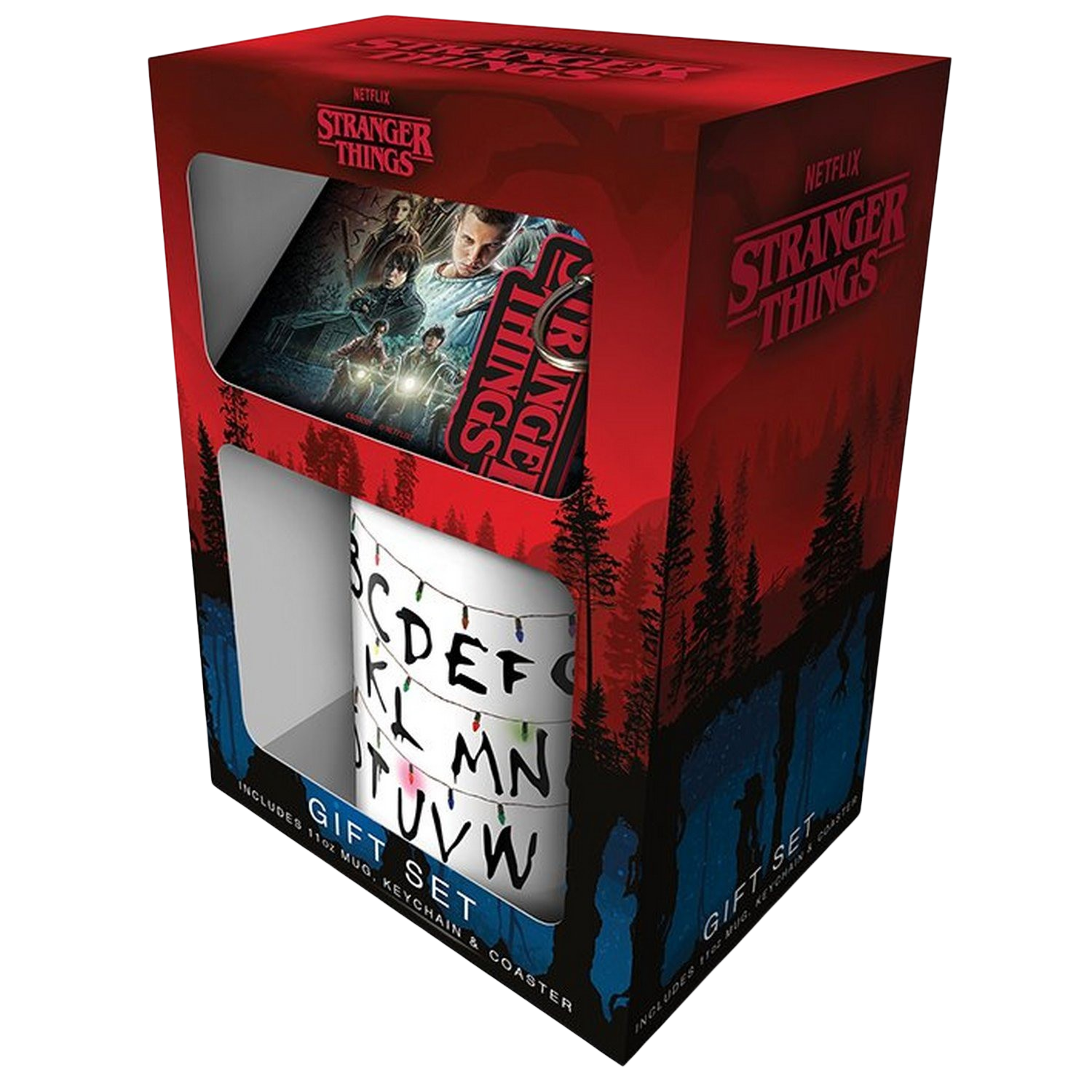 Caja regalo - Sherwood Stranger Things, Taza de cerámica + Posavasos de corcho + Llavero de goma, Multicolor