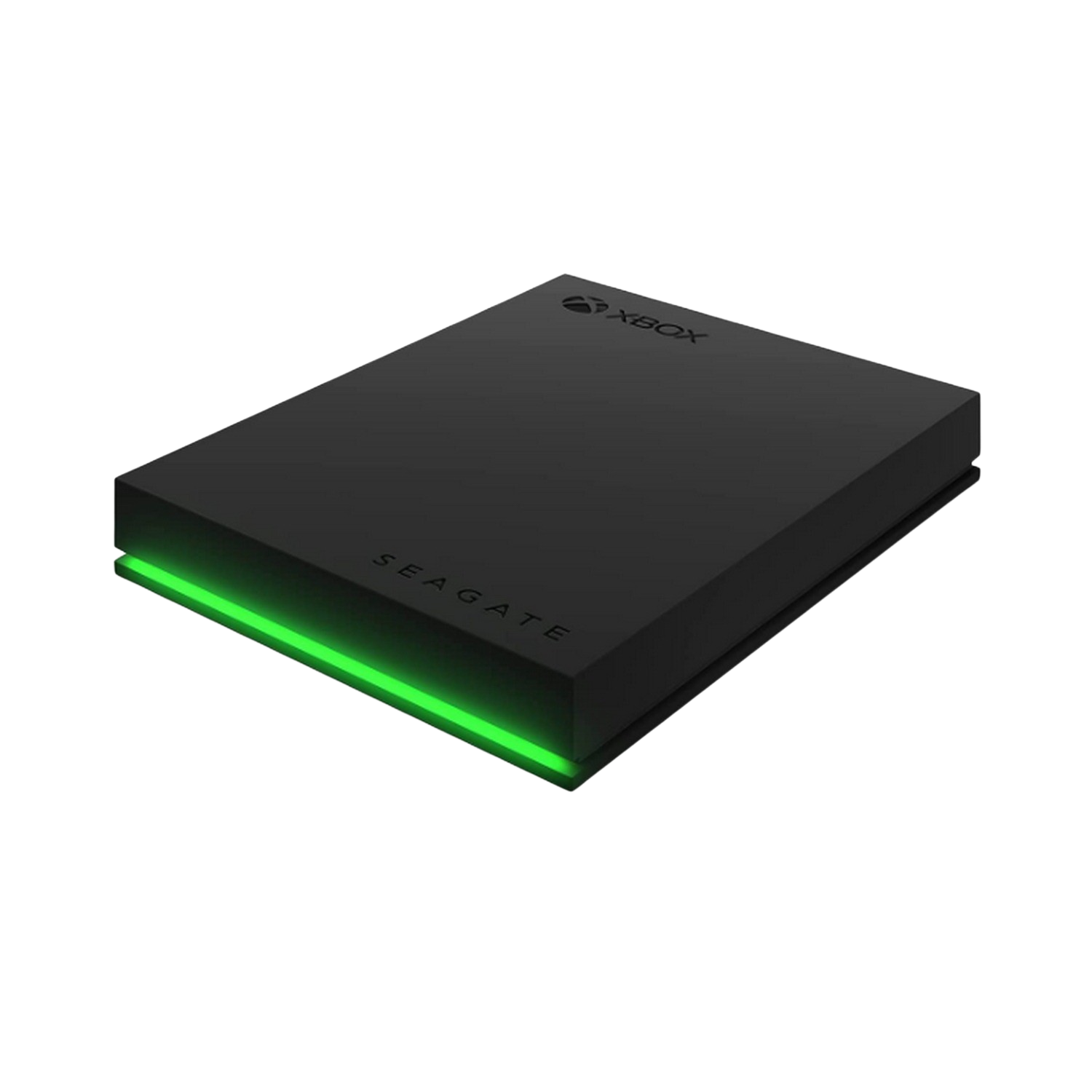 Disco duro externo Seagate Xbox negro. Luz verde. Logotipo de Xbox. Fondo negro.