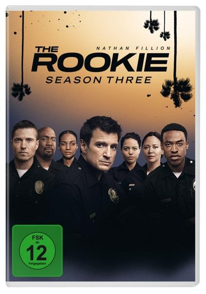 DVD-Cover für 'The Rookie' Staffel drei. Zeigt eine Gruppe von Leuten in Polizeiuniformen.