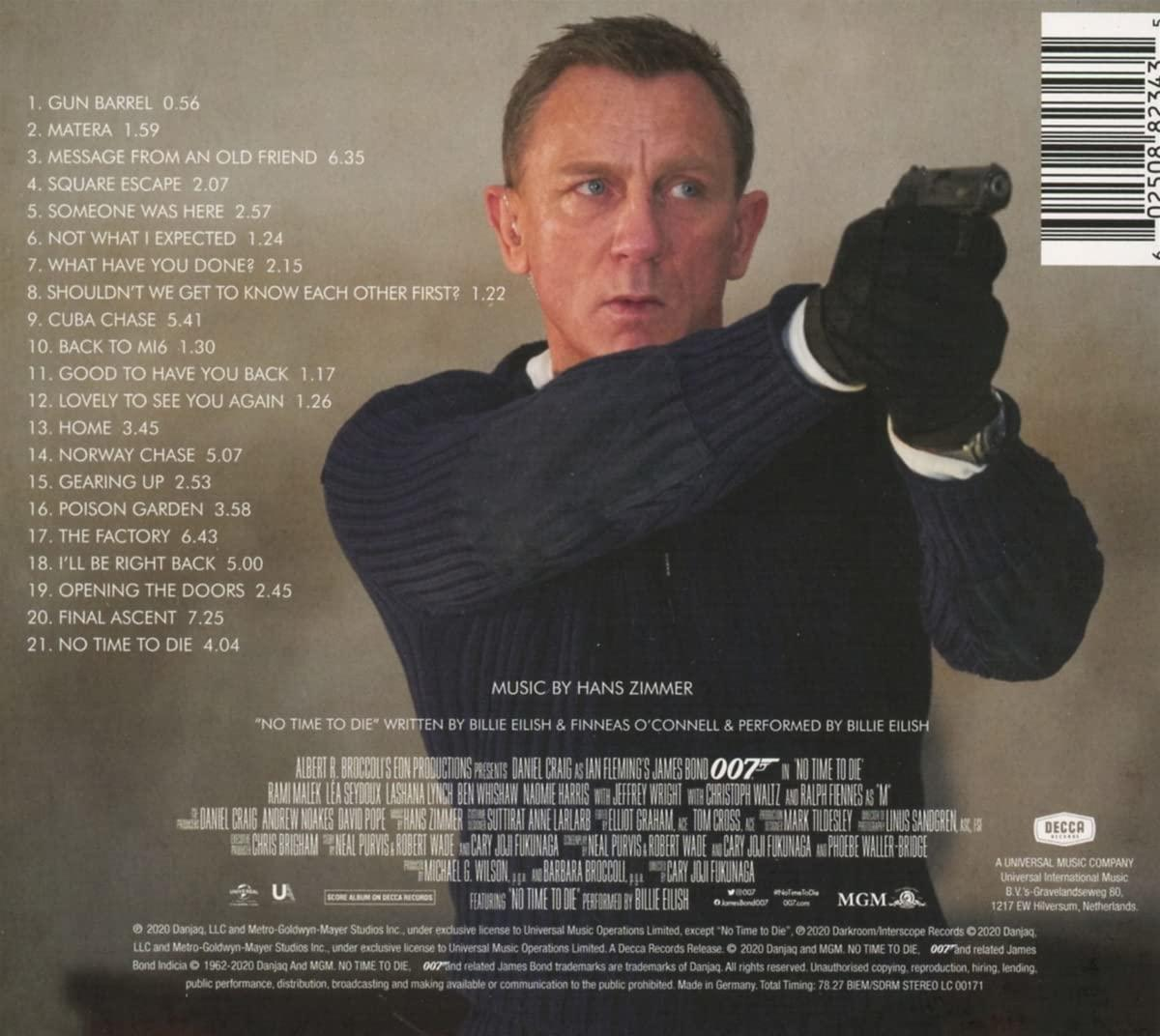 A 'Nincs idő meghalni' című film CD-borítója. Daniel Craig fegyvert tart. A szöveg tartalmazza a számlistát és a stáblistát.