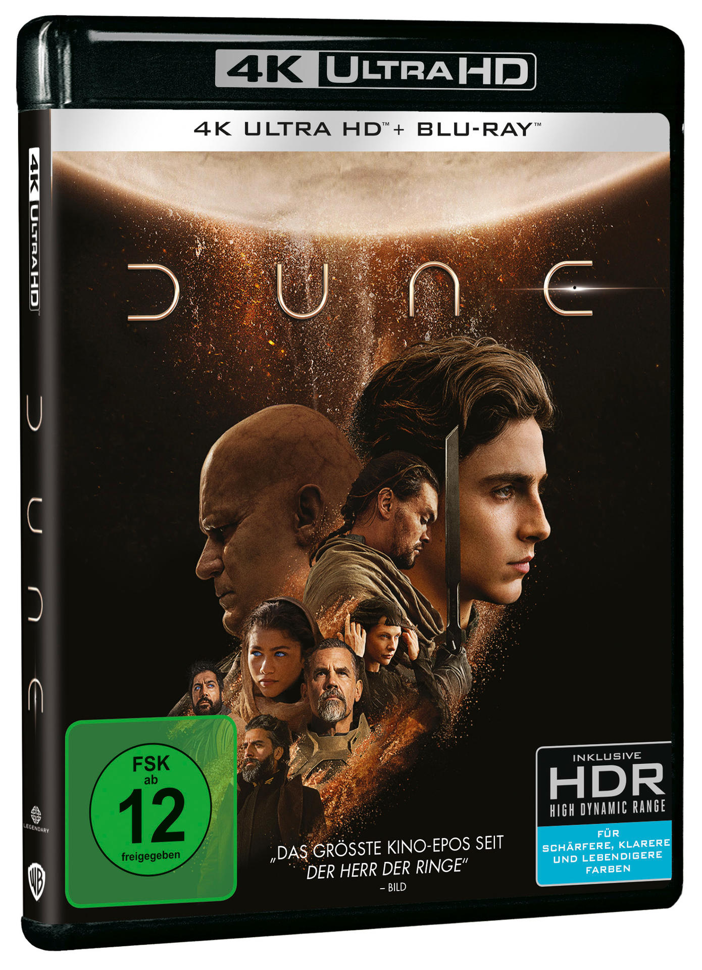 Dune 4K Ultra HD Blu-ray-Hülle, mit den Schauspielern des Films und dem Titel.