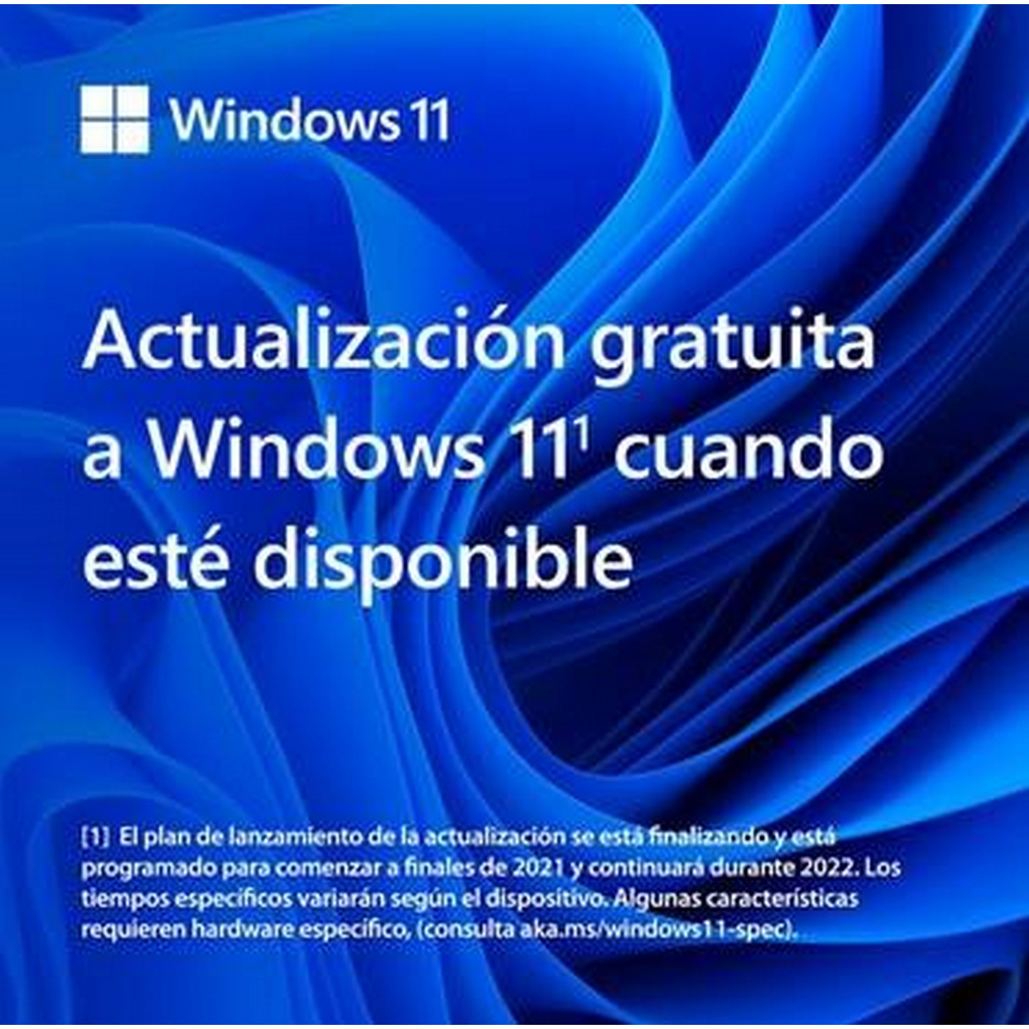 Gráfico azul y blanco para la actualización de Windows 11. El texto dice "Actualización gratuita a Windows 11".