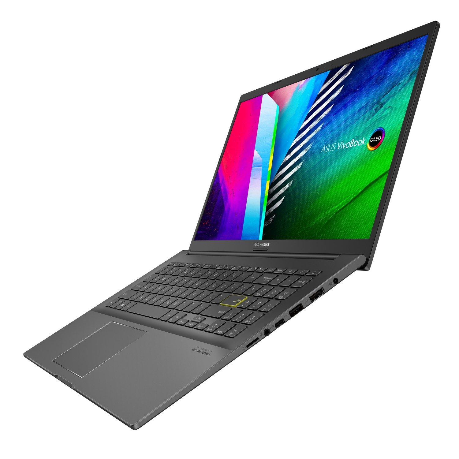 Laptop plateado con pantalla colorida.