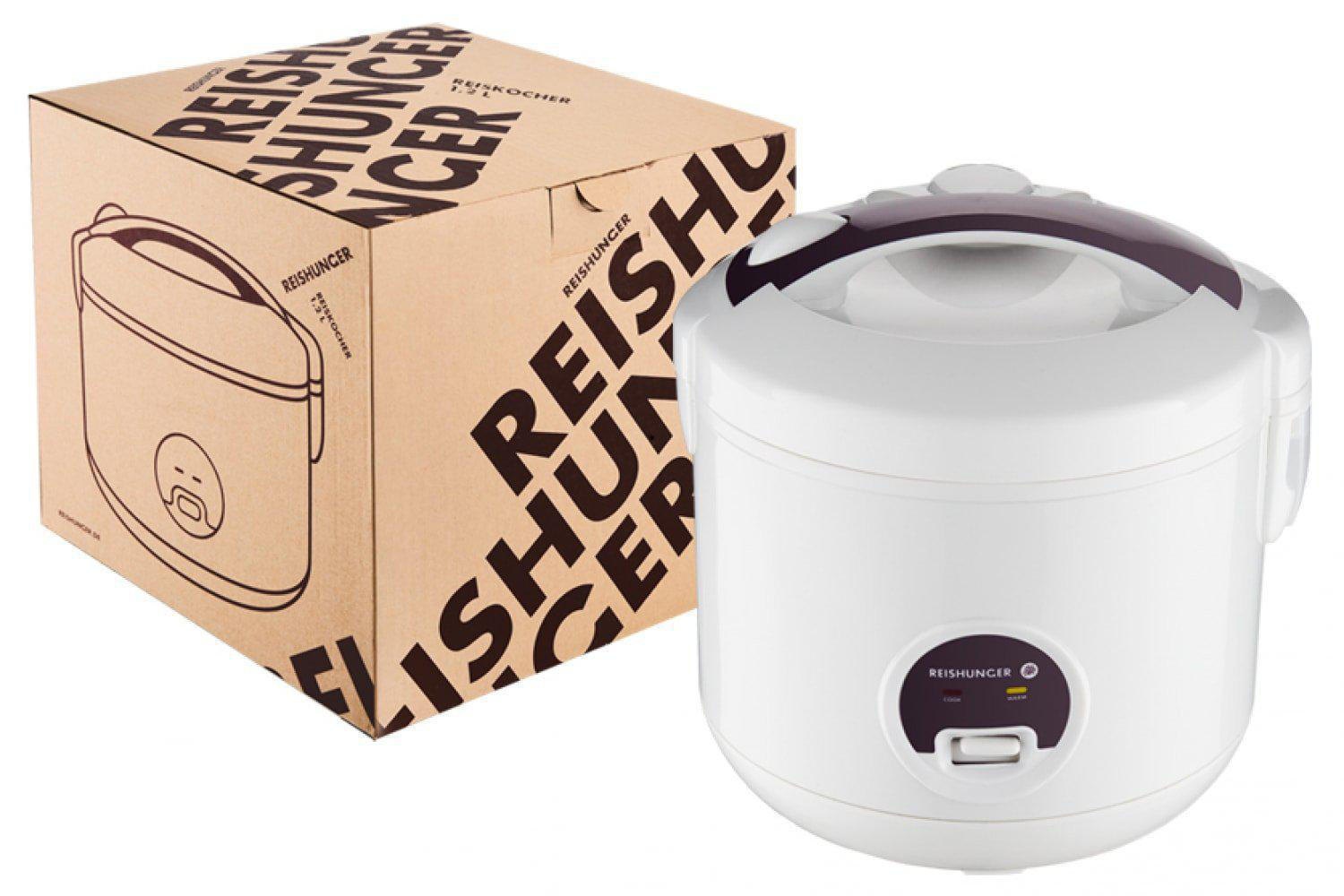 Reiskocher und seine Box. Die Box ist braun und der Kocher weiß mit Griff.