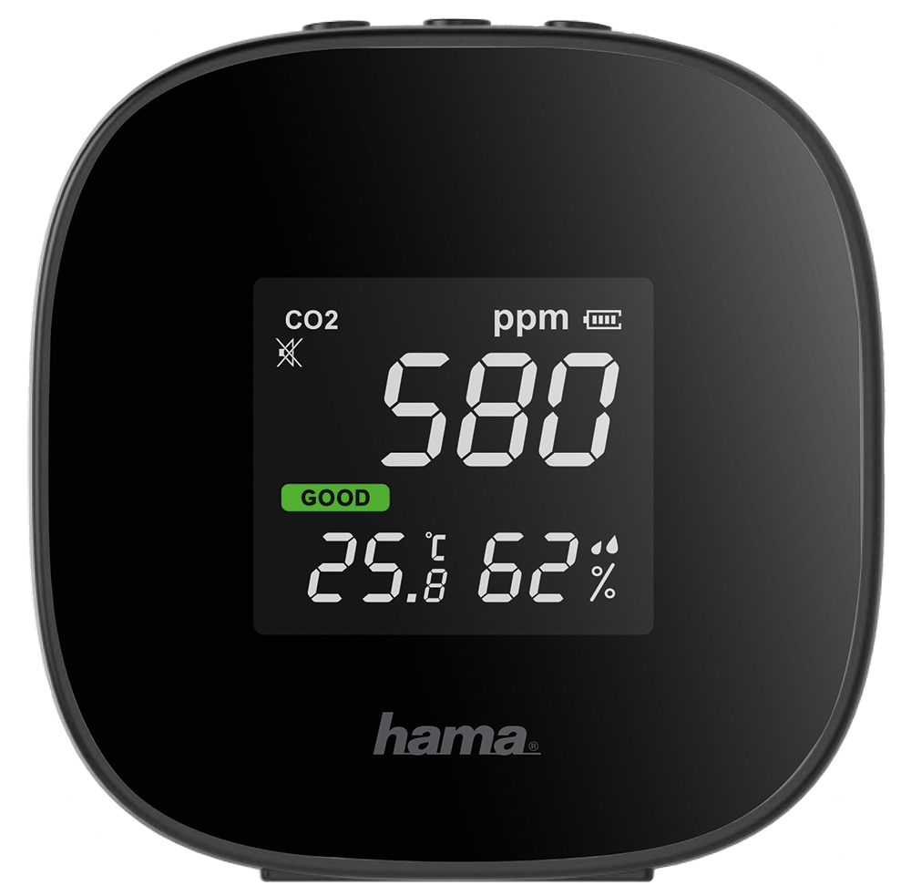 Zwarte CO2-monitor met 580 ppm, GOED, 25,8°C en 62% luchtvochtigheid.