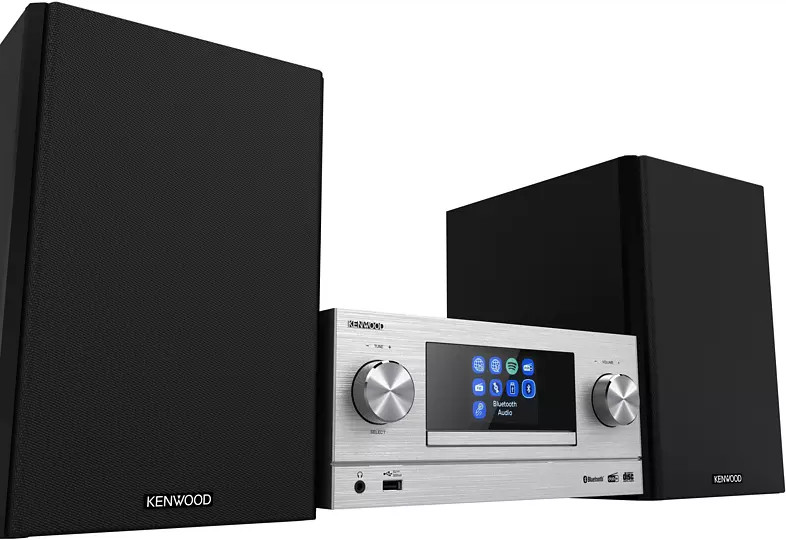 Un système stéréo Kenwood avec deux enceintes noires et un récepteur argenté.