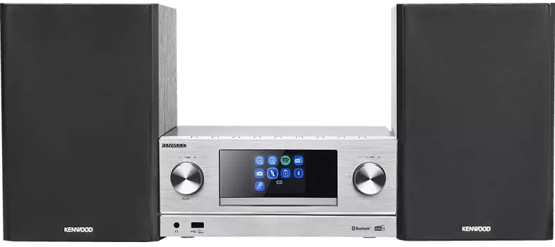 Chaîne stéréo Kenwood argentée avec enceintes. Icônes CD et Spotify visibles.