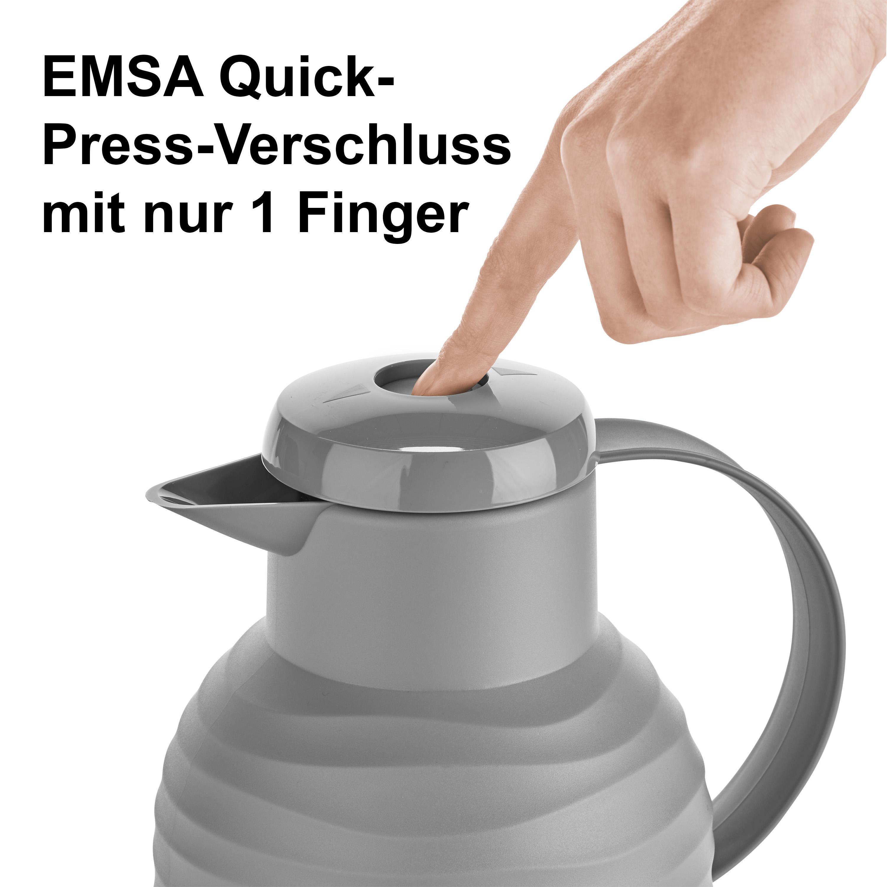 Ein Finger drückt auf den Deckel einer grauen Thermoskanne. Text sagt: EMSA Quick-Press-Verschluss mit nur 1 Finger.