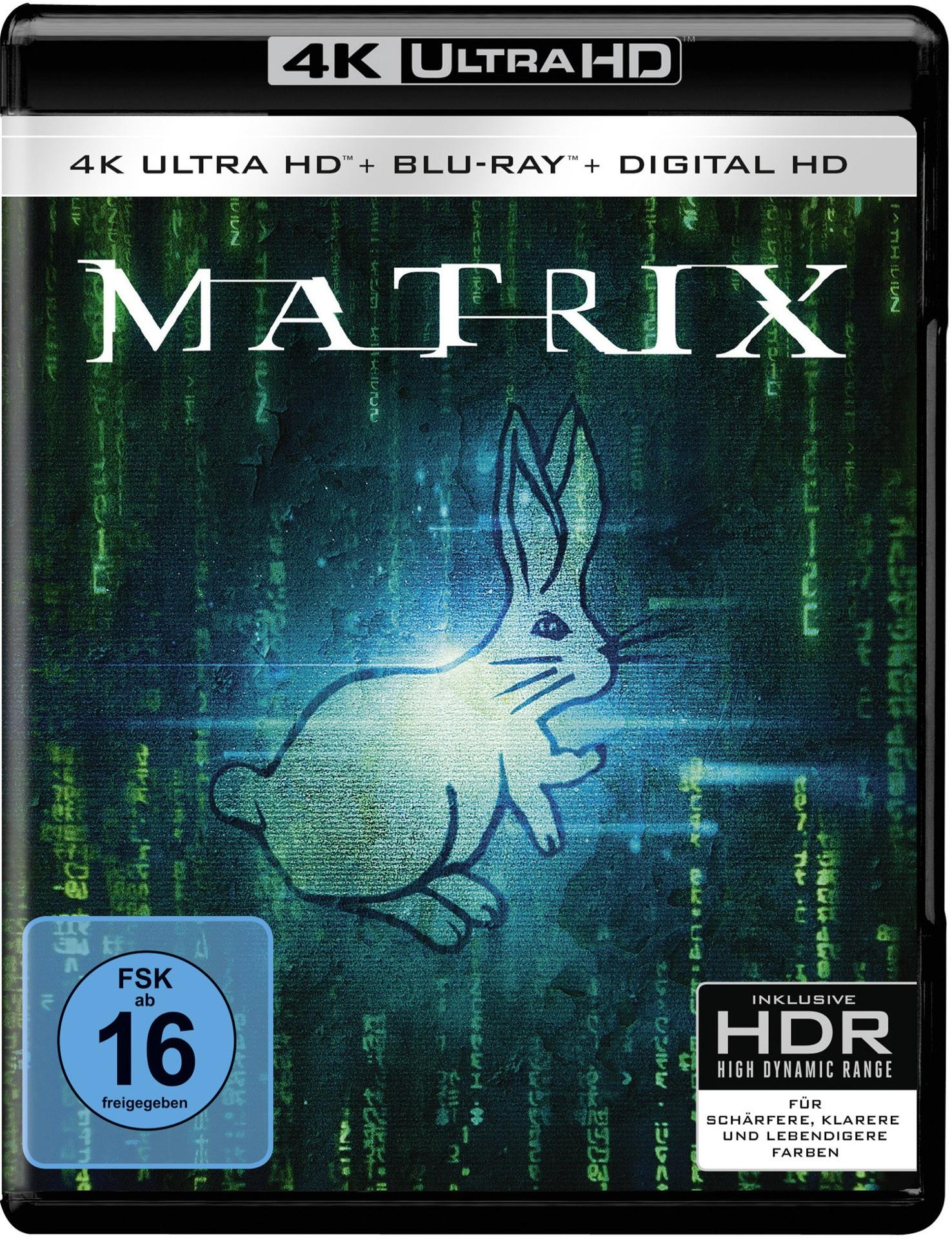 Blu-ray-Cover für 'Matrix'. Grün getöntes Bild mit weißem Kaninchen, schwarzer Rahmen.