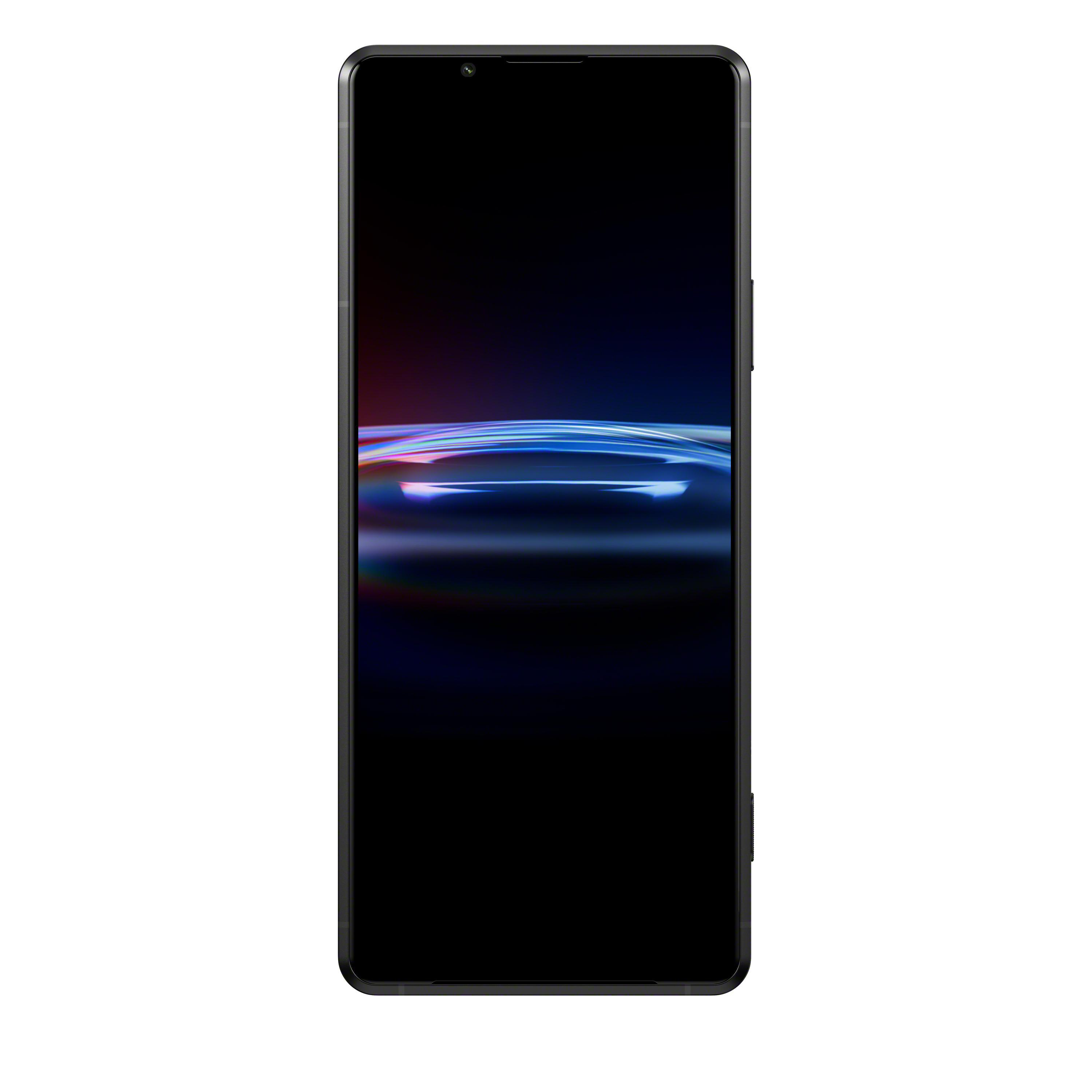 Ein schwarzes Smartphone mit einem Bildschirm, der ein farbenfrohes abstraktes Design anzeigt.