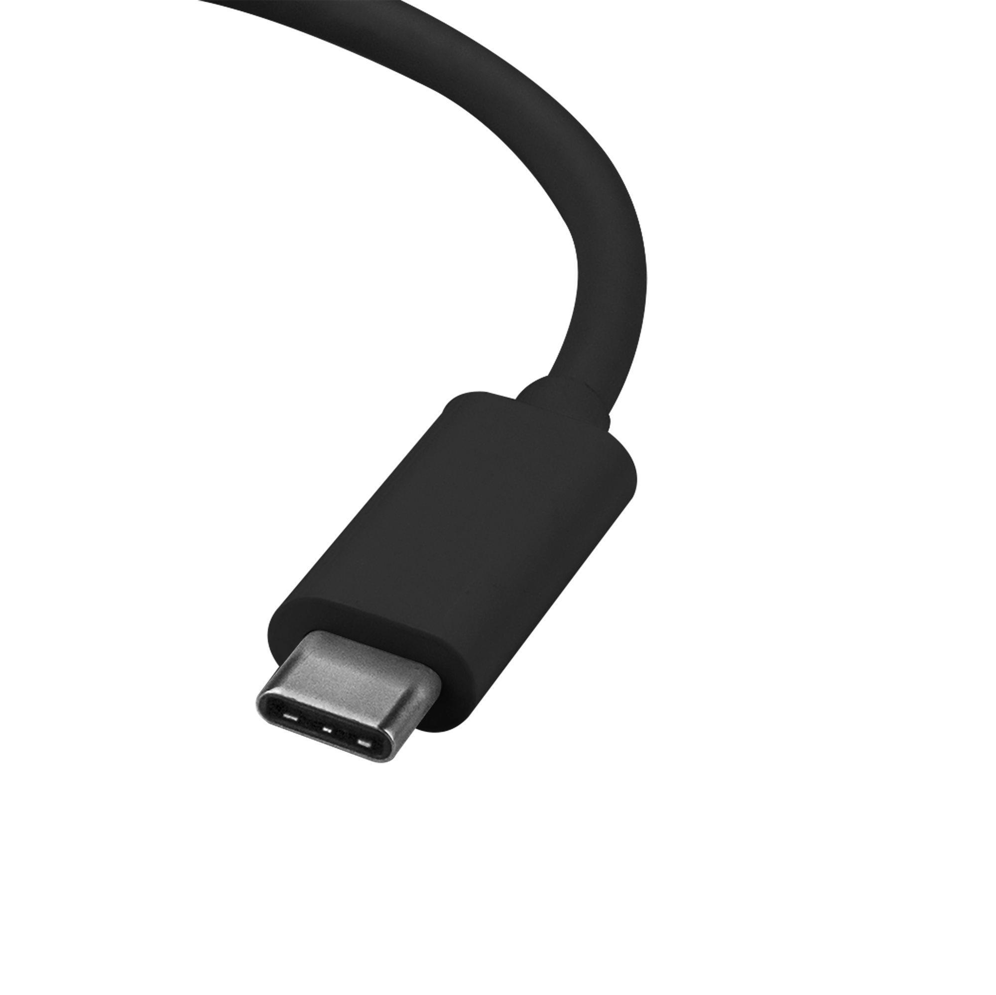 Ein schwarzer USB-C-Anschluss auf weißem Hintergrund, mit einem schwarzen Kabel.