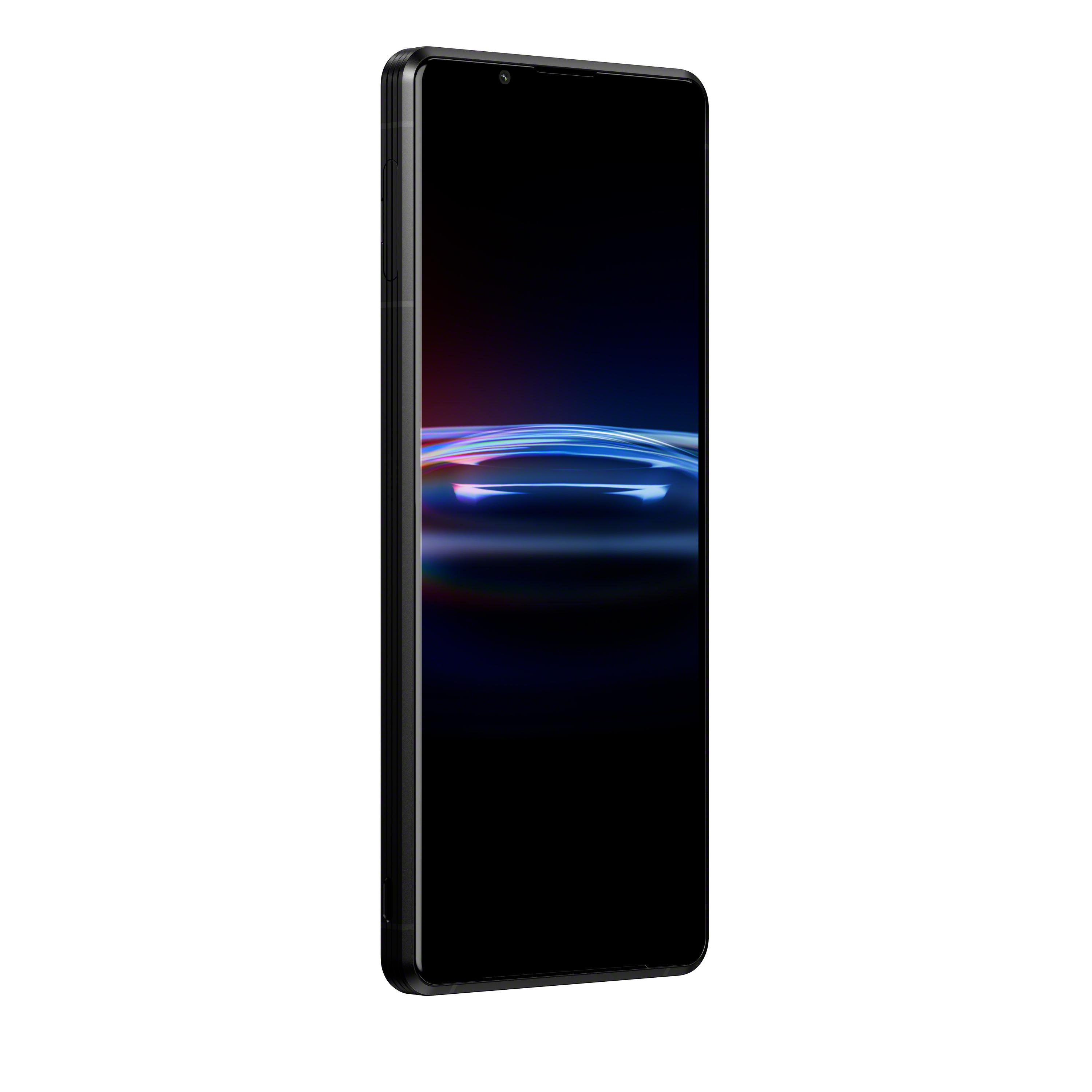 Ein schwarzes Smartphone mit gewölbtem Bildschirm, das ein blaues und rotes abstraktes Bild zeigt.