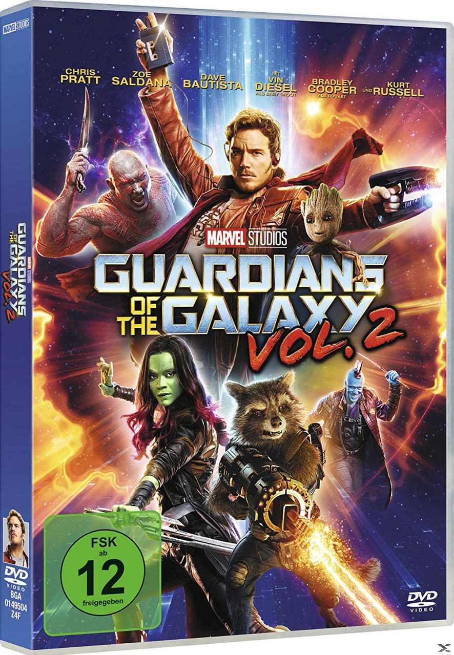 DVD-Hülle für Guardians of the Galaxy Vol. 2. Enthält die Darsteller des Films auf dem Cover.