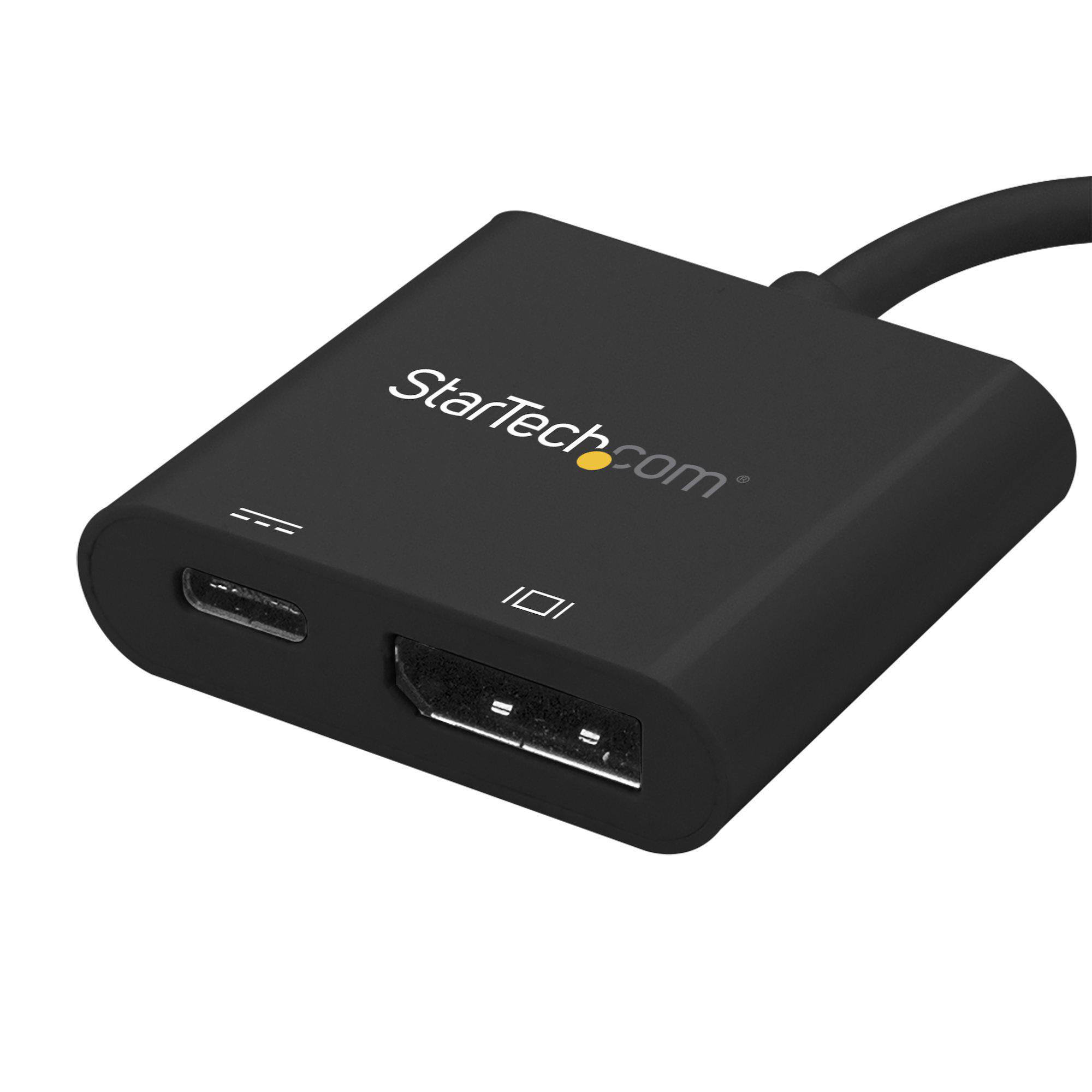 Ein schwarzer Adapter mit einem USB-C-Anschluss und einem HDMI-Anschluss. Der Markenname StarTech.com ist sichtbar.