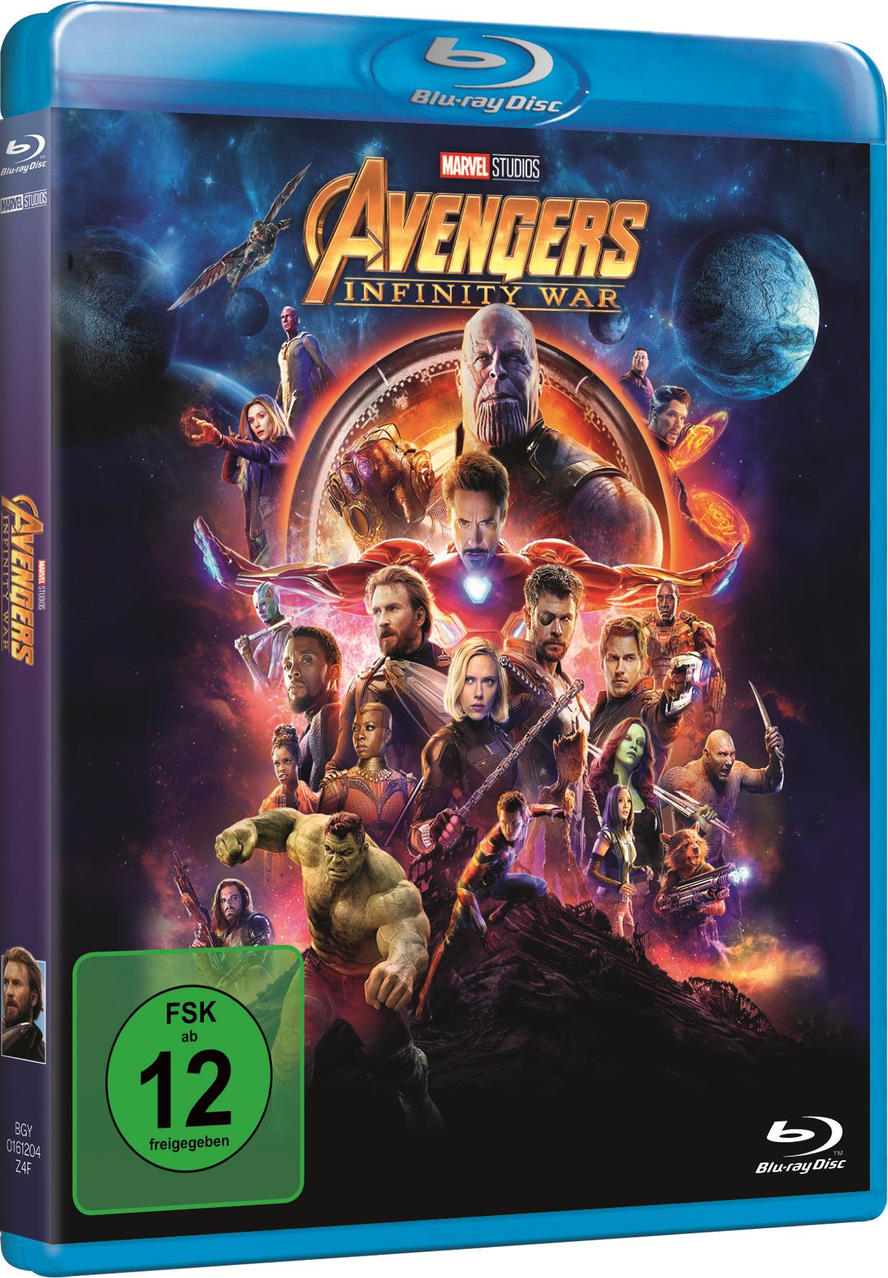 Blu-ray-Hülle von 'Avengers: Infinity War' mit mehreren Charakteren.