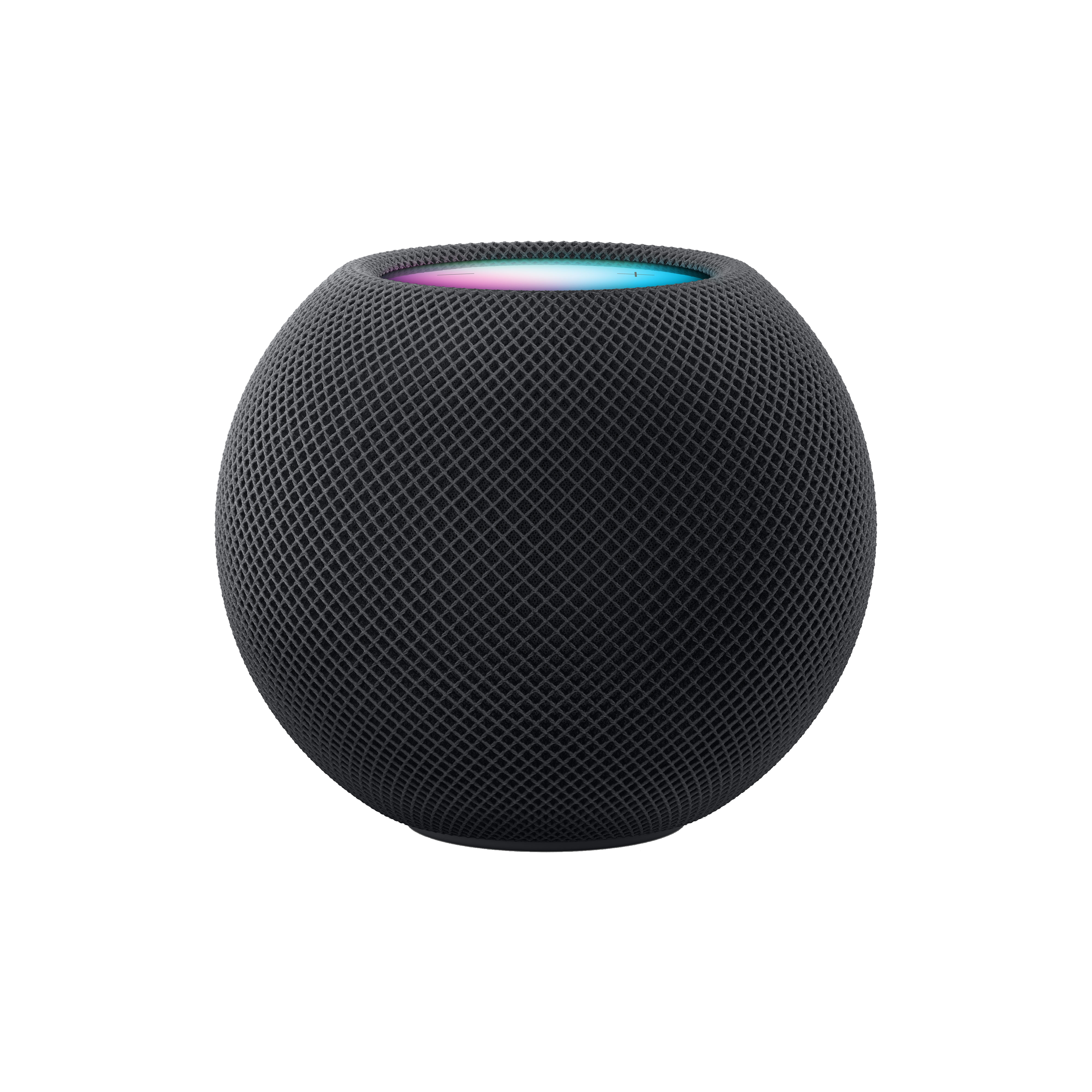 Un altavoz inteligente negro, esférico, con exterior de tela, que emite luz colorida desde arriba.