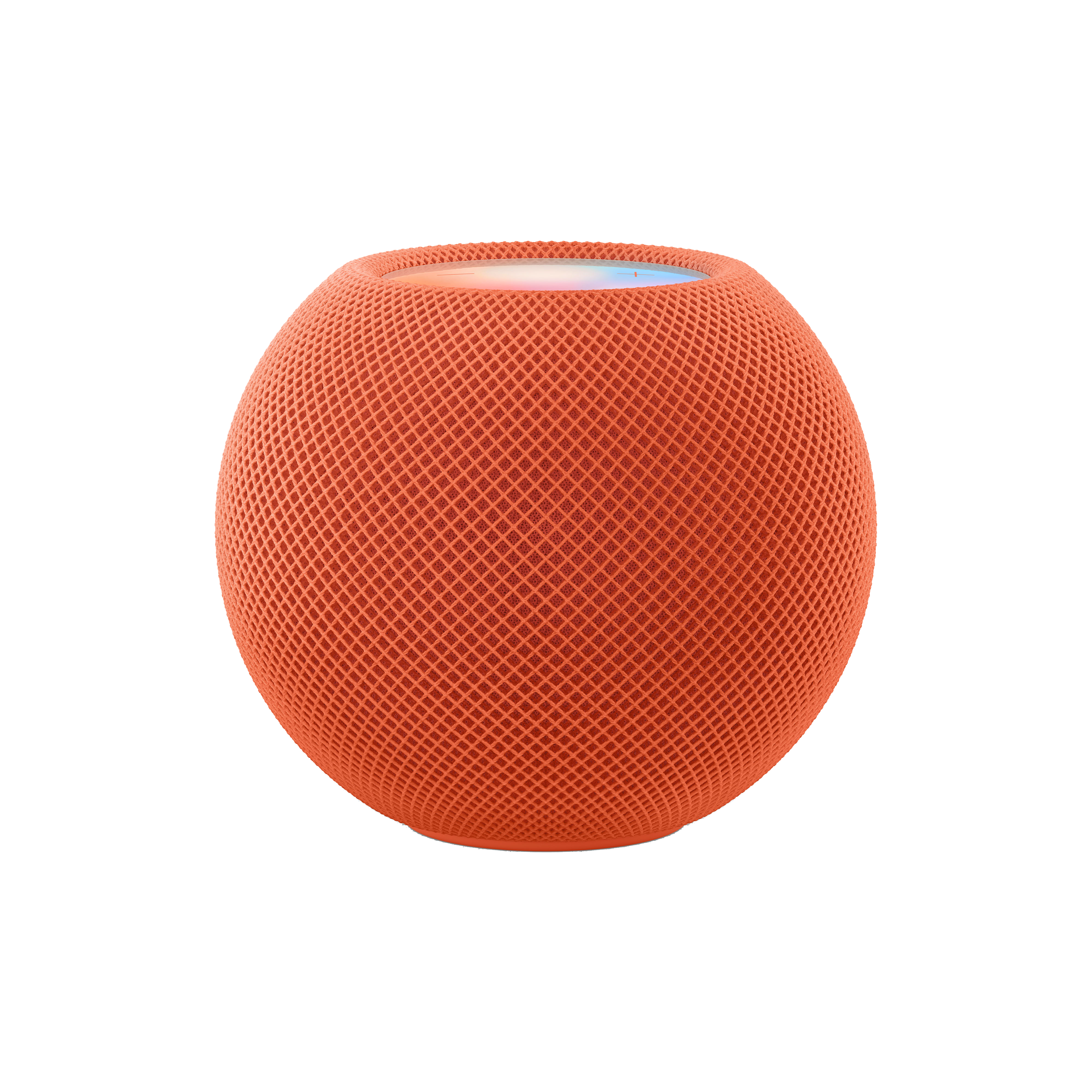 Un altavoz inteligente esférico naranja. Tiene una superficie texturizada sobre blanco.
