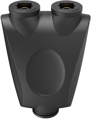 Zwarte plastic adapter met twee openingen aan de bovenkant en een basis aan de onderkant. Het is een Y-vormig apparaat.
