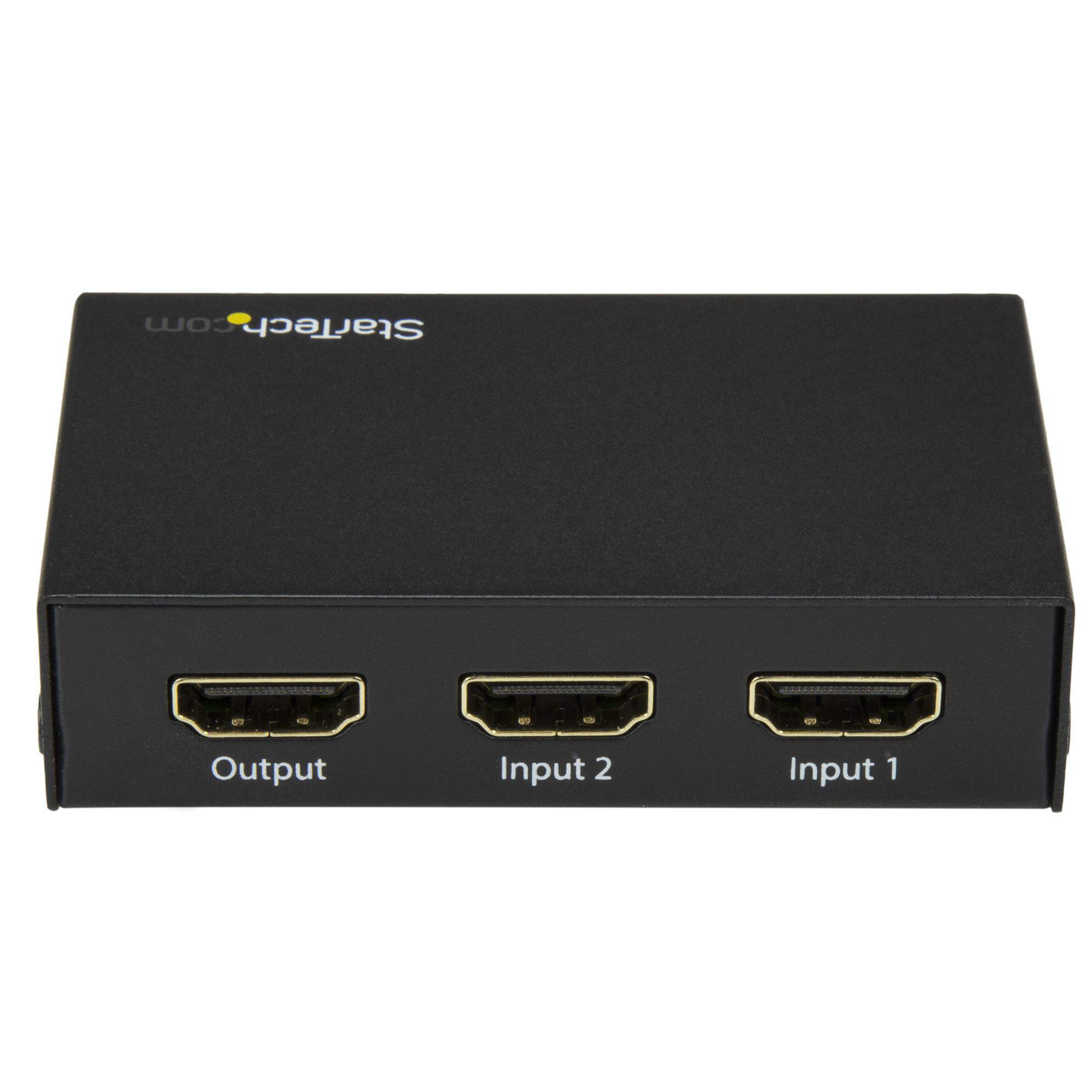 Schwarzer HDMI-Splitter mit drei Anschlüssen mit der Bezeichnung 'Output', 'Input 2' und 'Input 1'.