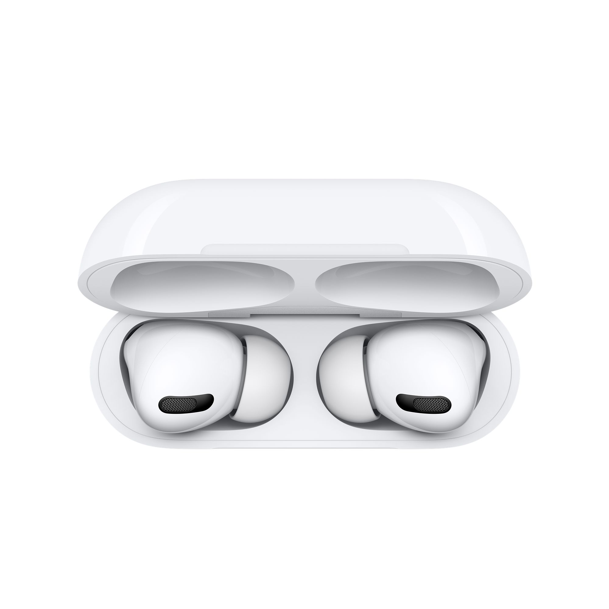 Şarj kutularında beyaz AirPods Pro. Kutu açık.