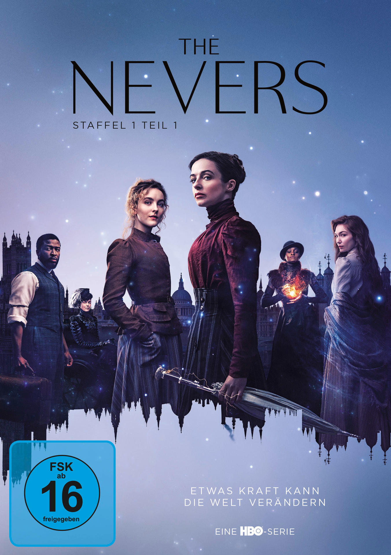 The Nevers DVD-Cover. Eine Gruppe von Frauen in viktorianischer Kleidung in einer Stadt.