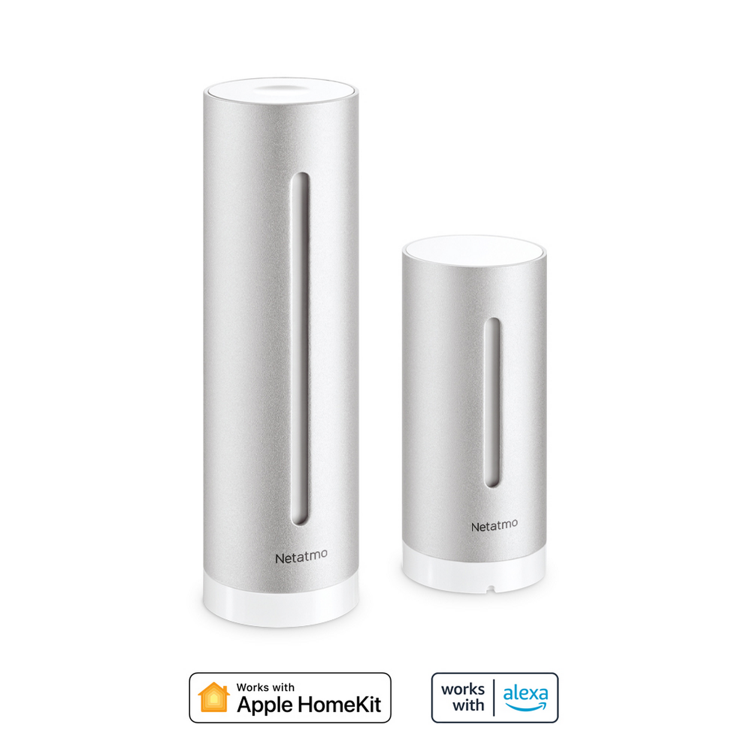 Dos dispositivos Netatmo cilíndricos plateados, uno pequeño, uno alto. Base blanca.